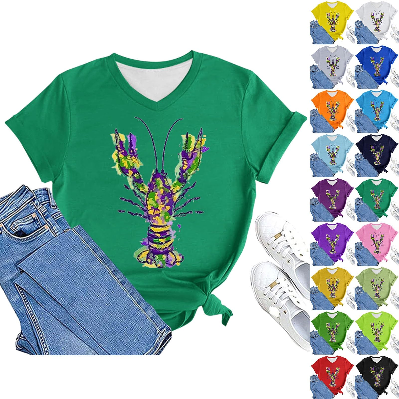 JIMENEZMardi Gras Shirt Crawfish Shirt Carnival T-Shirt Cute V Neck Pullover Shirts Roll Sleeve Mardi Gras Tee for Women