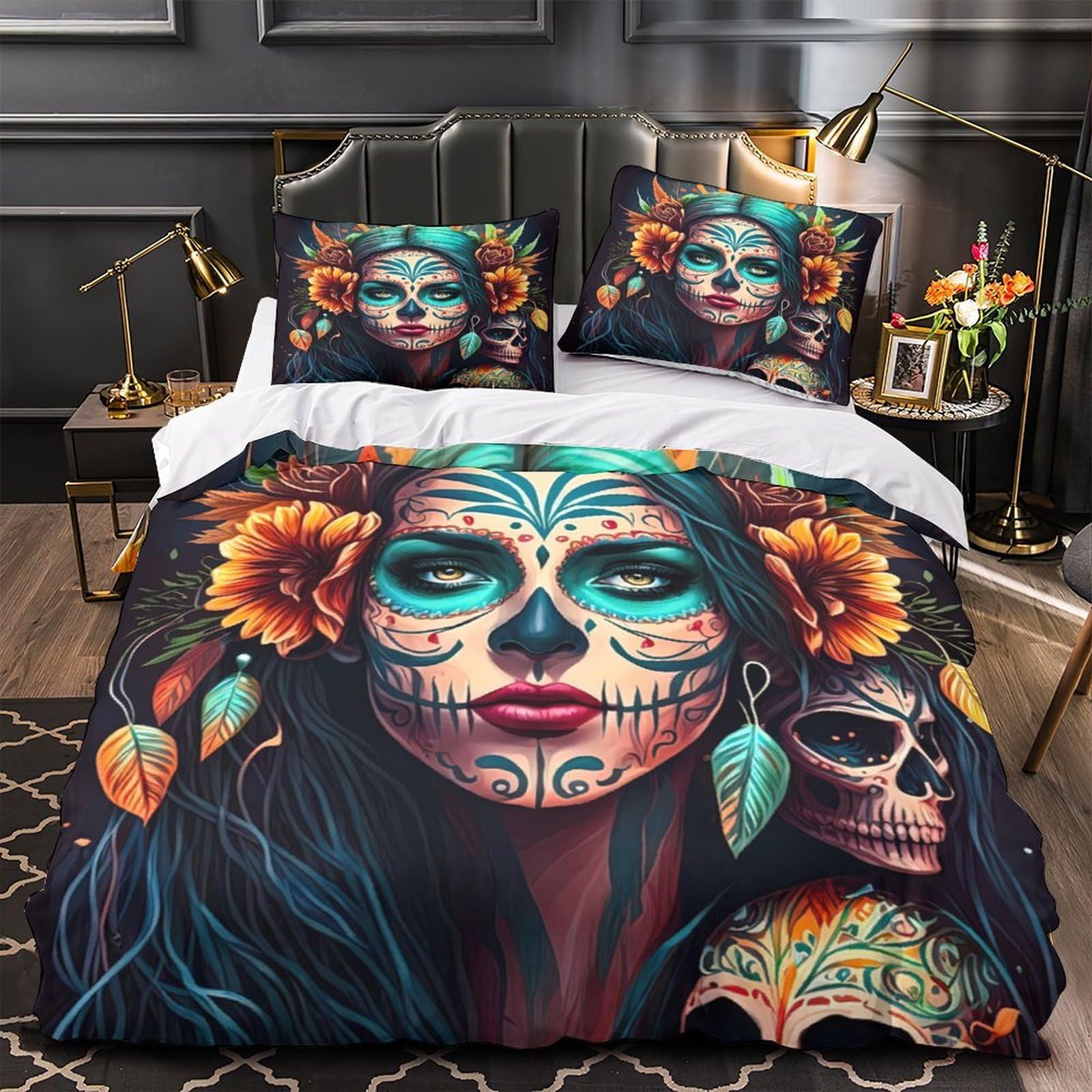 Ensemble de literie 3D hypoallergénique en microfibre résistante Sugar Skull