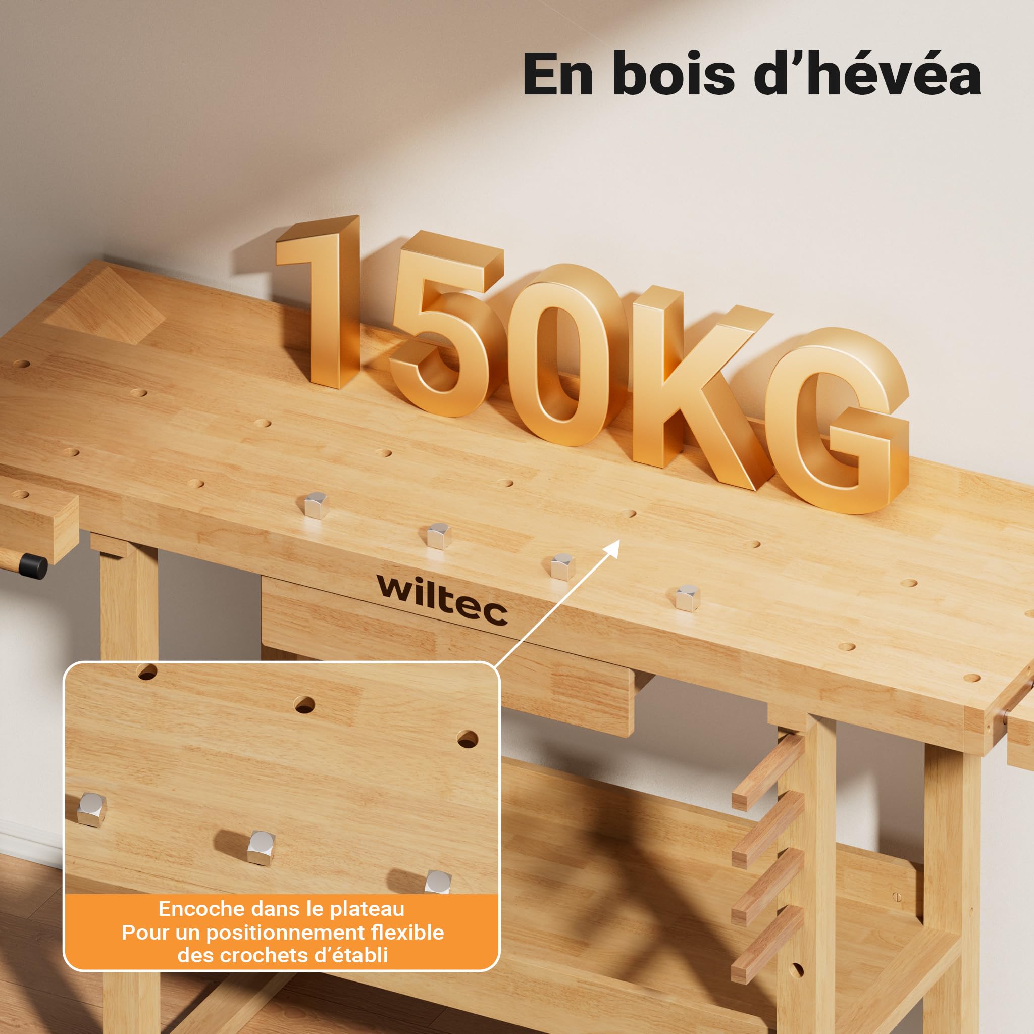 Wiltec Établi de Travail – en Hévéa/Rubberwood – 151 x 61,5 x 86 cm – avec Tiroir, Espace de Rangement, Pince et Crochet d’établi – pour aménagement, cousure – Banc de rabotage