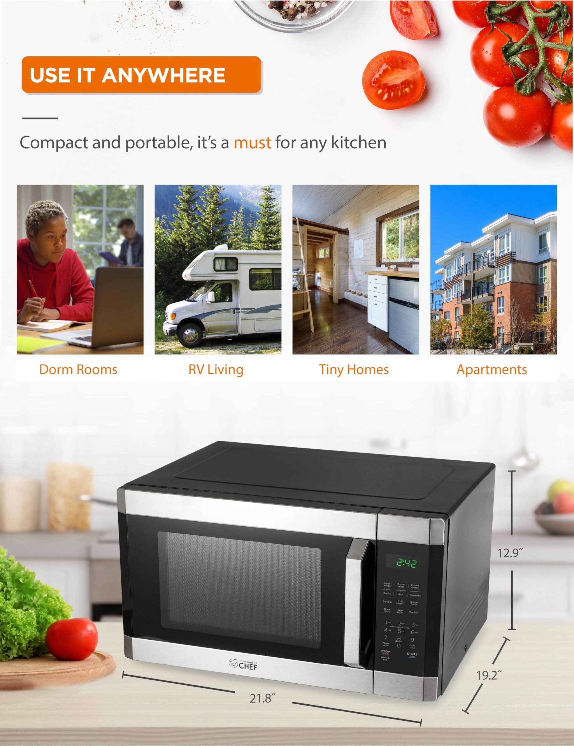 Microondas de 1.6 pies cúbicos con 10 niveles de potencia, microondas pequeño con mango de tracción para niños, microondas de 1100 vatios con paneles de control digital, acero 7