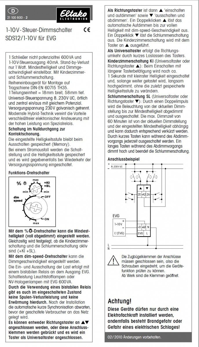 Eltako SDS12/1-10V Steuer Dimmschalter für EVG 1-10 V 21100800 Bussystem 600VA