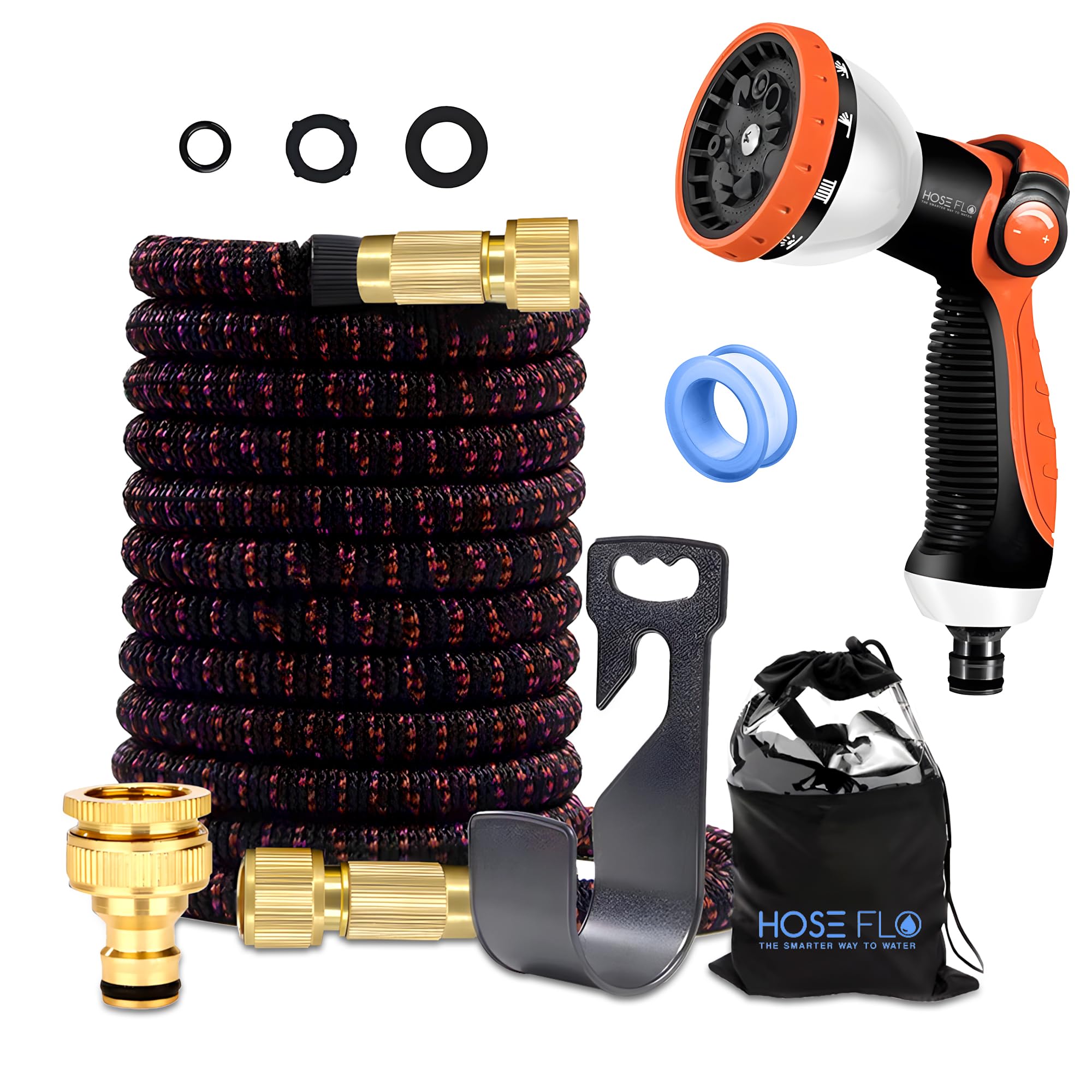 Hoseflo Orange Expandable Garden Hose Pipe 150Ft Flexible Retractable Water Hose, Kink-Free Lightweight Hose With 10 Function Spray Gun, Leak Resistant For Garden, Patio & Car Washing