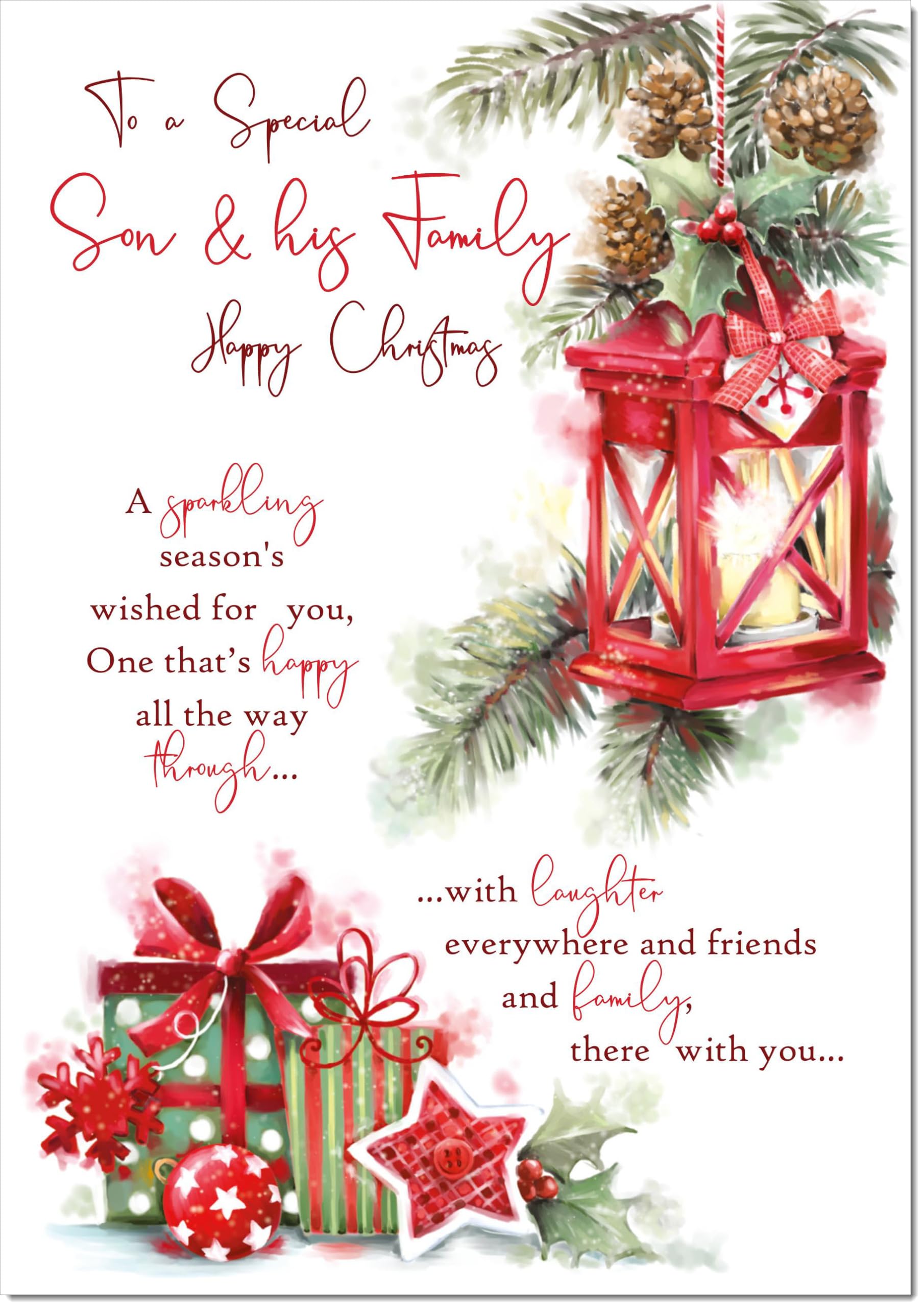 doodlecards Son and Family Christmas Card Lamp and Parcels Large A4 Size Christmas Card for Son & Family with Plain Envelope