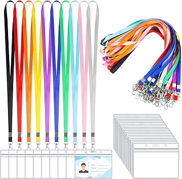 50 Pack Name Tag Lanyards with Id Holder, Clear Plastic Horizontal Name Tags Holders and Black Badge Lanyards with ID Holder for School Office Team Workers Volunteers Multicolor
