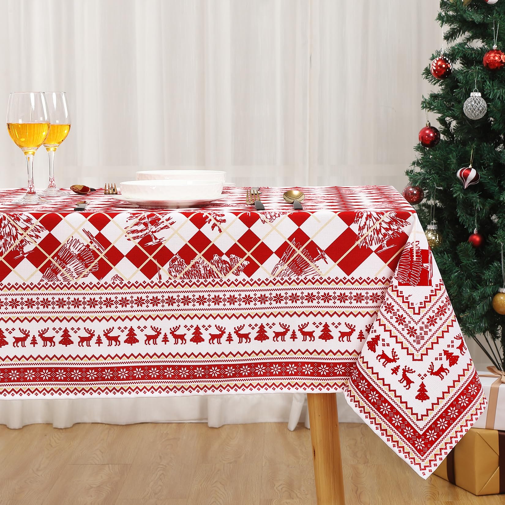 CAROMIO Mantel de Navidad lavable, decoración de mesa para Navidad, impermeable, con estampado de ciervos, sin arrugas, para comedor, antimanchas, rojo, 137 x 200 cm
