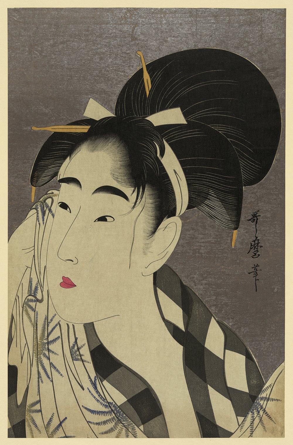 Cuadro Ase o fuku Onna de Utamaro, lámina mate de alta calidad con elegante marco marrón pequeño