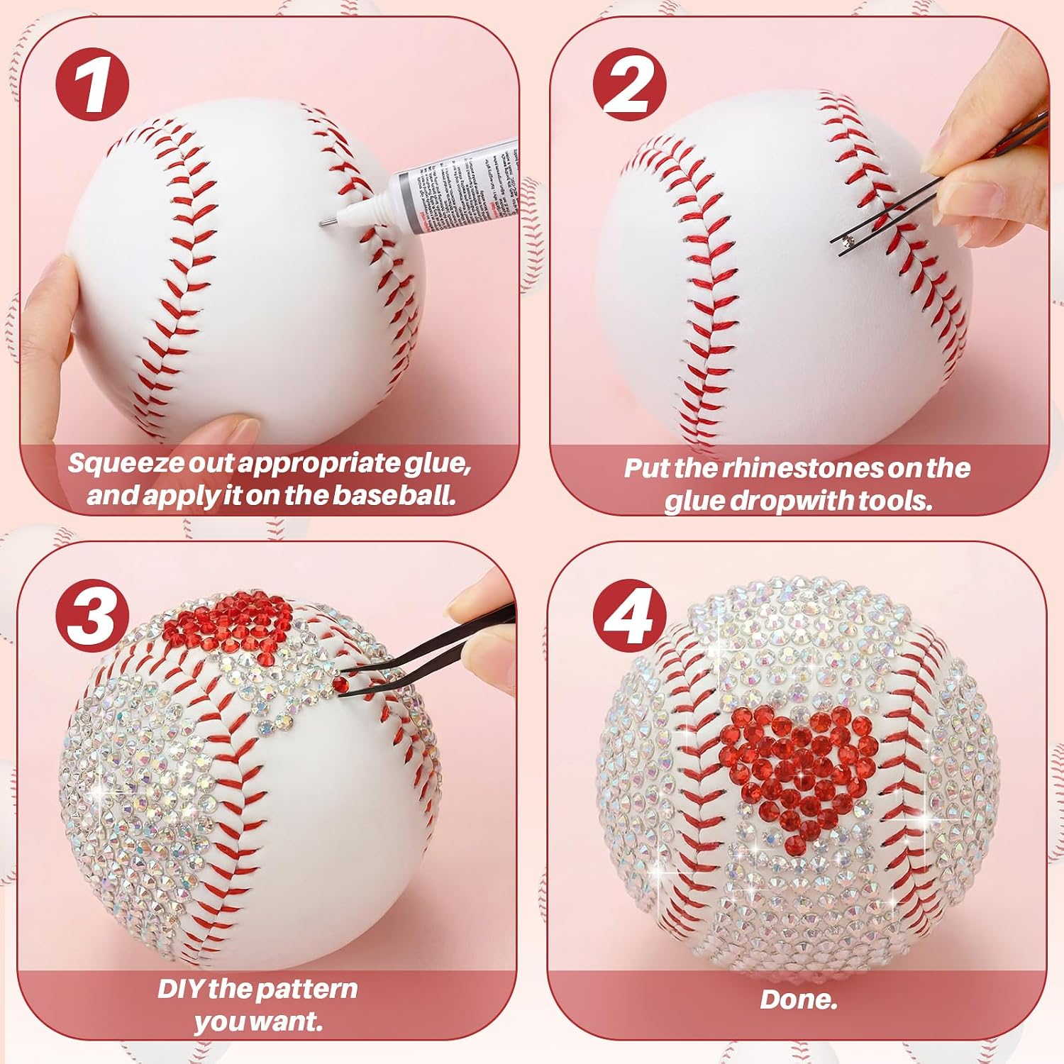 Teyva Daily Bling Bedazzling Rhinestones Softballs DIY Craft Kit, Include 3 Pcs 9 Inch Softballs Multicolor Flatback with Tweezers Jewelry Glue Gift for Boyfriend Lover(White)