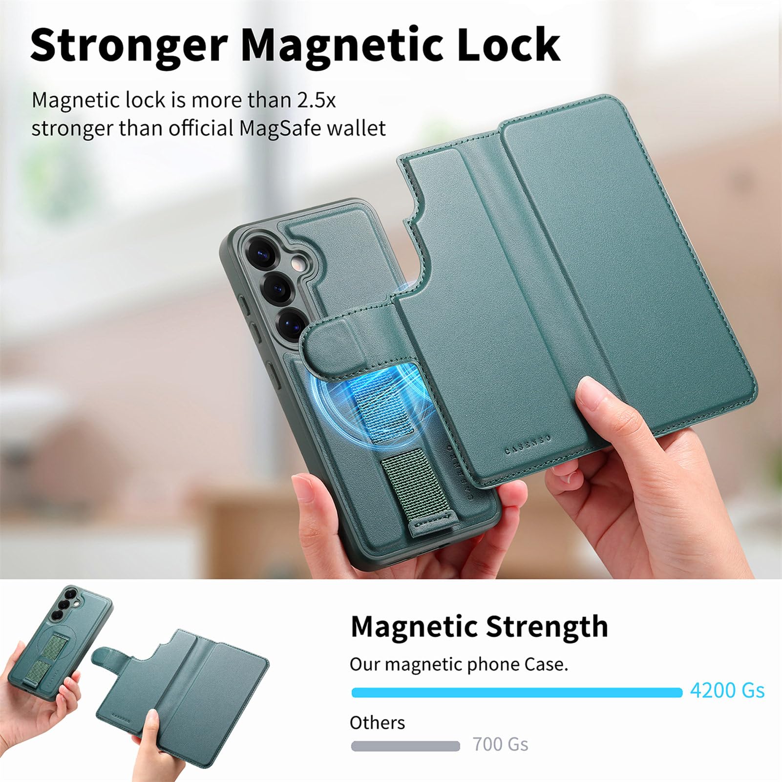 COQUE Samsung Galaxy S26 Plus Magnetic Wallet Case With Elastic Wrist Strap, Zintegrowany uchwyt na karty i regulowany uchwyt, Odporna na wstrząsy osłona ochronna - Zielony
