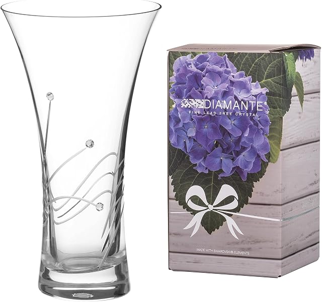 DIAMANTE Swarovski Hollow Sided Trumpet Vase Glasgow Crystal Flared Vase with Swarovski Crystals - 21cm Crystal Glass