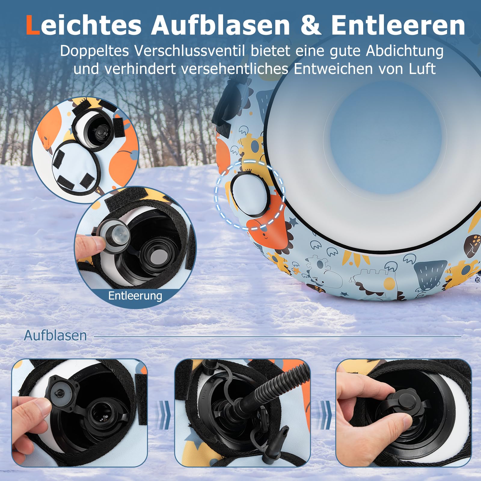GYMAX Ø113cm Aufblasbarer Schneereifen, Snow Tube bis zu 100 kg belastbar, Schlitten Rodelschlitten mit Griffe, Reifenpumpe & Schleppleine, Donut Rutschreifen für Erwachsene & Kinder