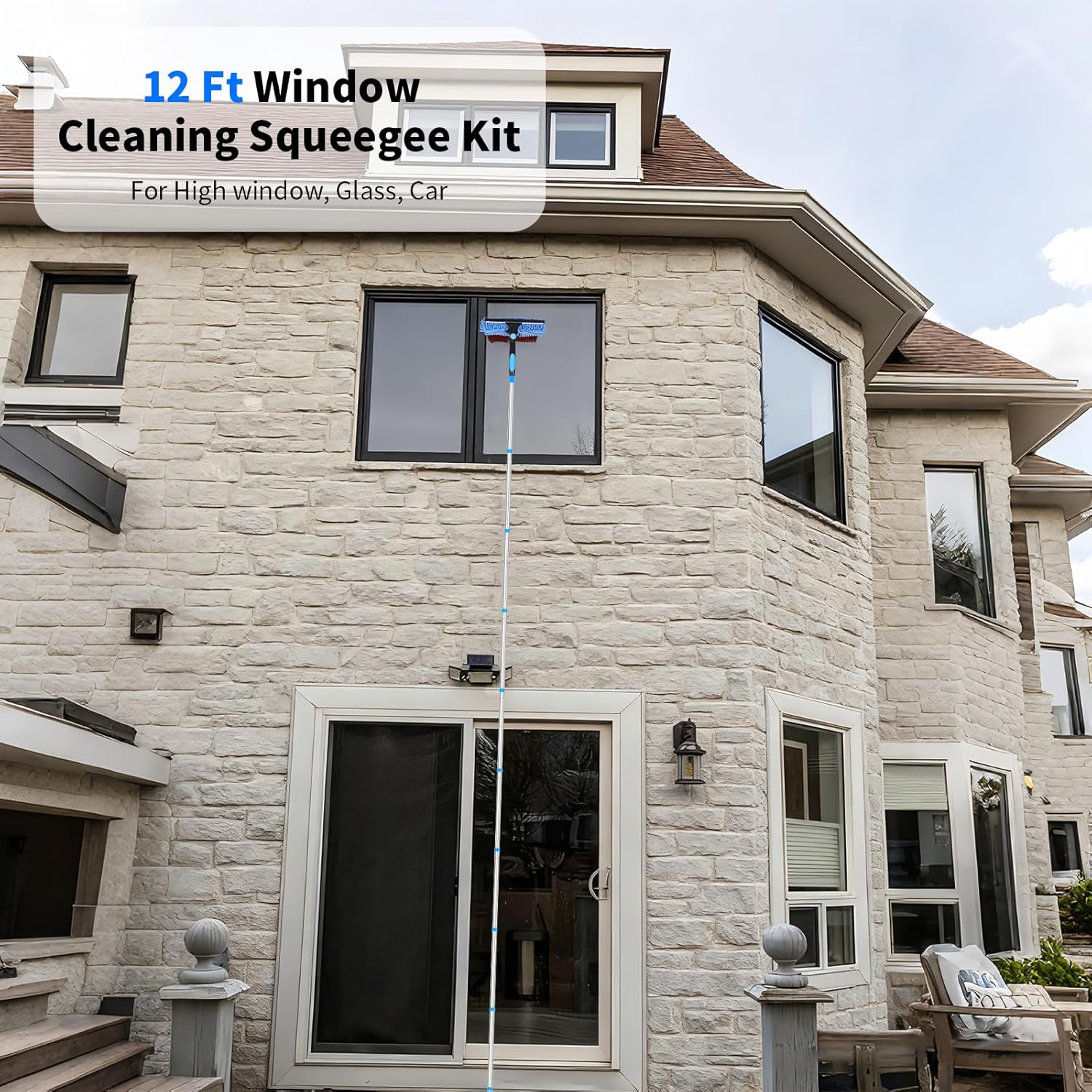 152'' Window Cleaning Kit, 2 in 1 Window Squeegee with Extension Poles, Window Cleaner Tools for Indoor/Outdoor High Window, Car, Glass