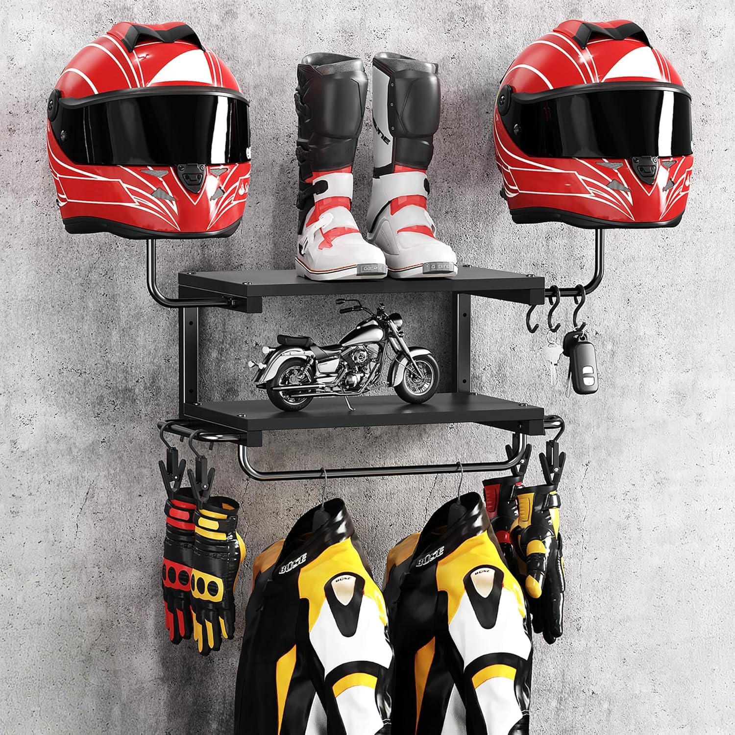 Motorradhelm Halterung Wand für 2 Helme, Motorrad Garderobe Wand mit Kleiderbügel und Haken, 30 kg Tragfähigkeit, geeignet für Fahrrad und Skihelme (Schwarz)