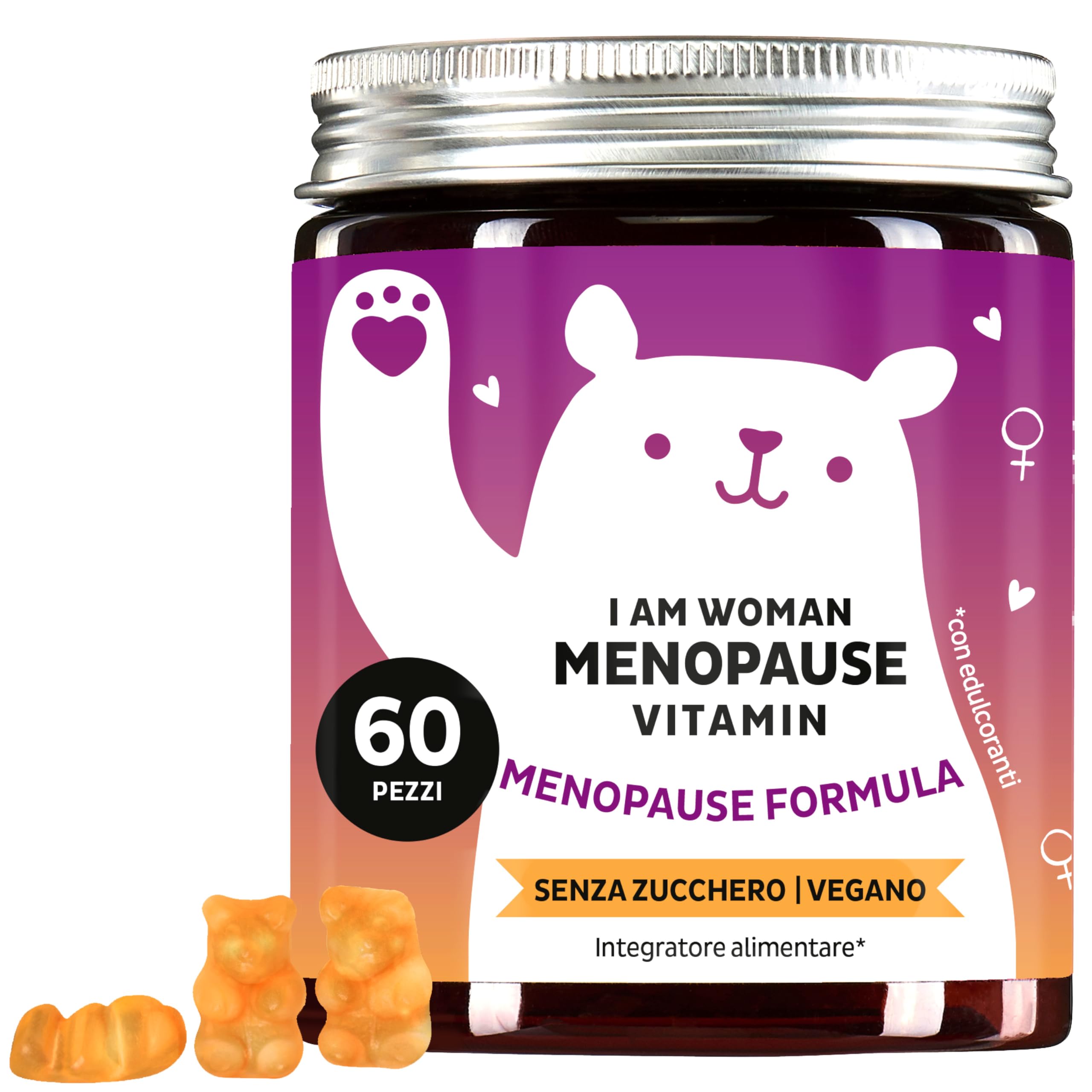 I am Woman Menopause - Complesso vitaminico B per la Menopausa, con Olio di Enotera, Biotina, Selenio, Acido Folico, Zinco - 60 Pezzi, Senza Zucchero, Vegan - Bears with Benefits