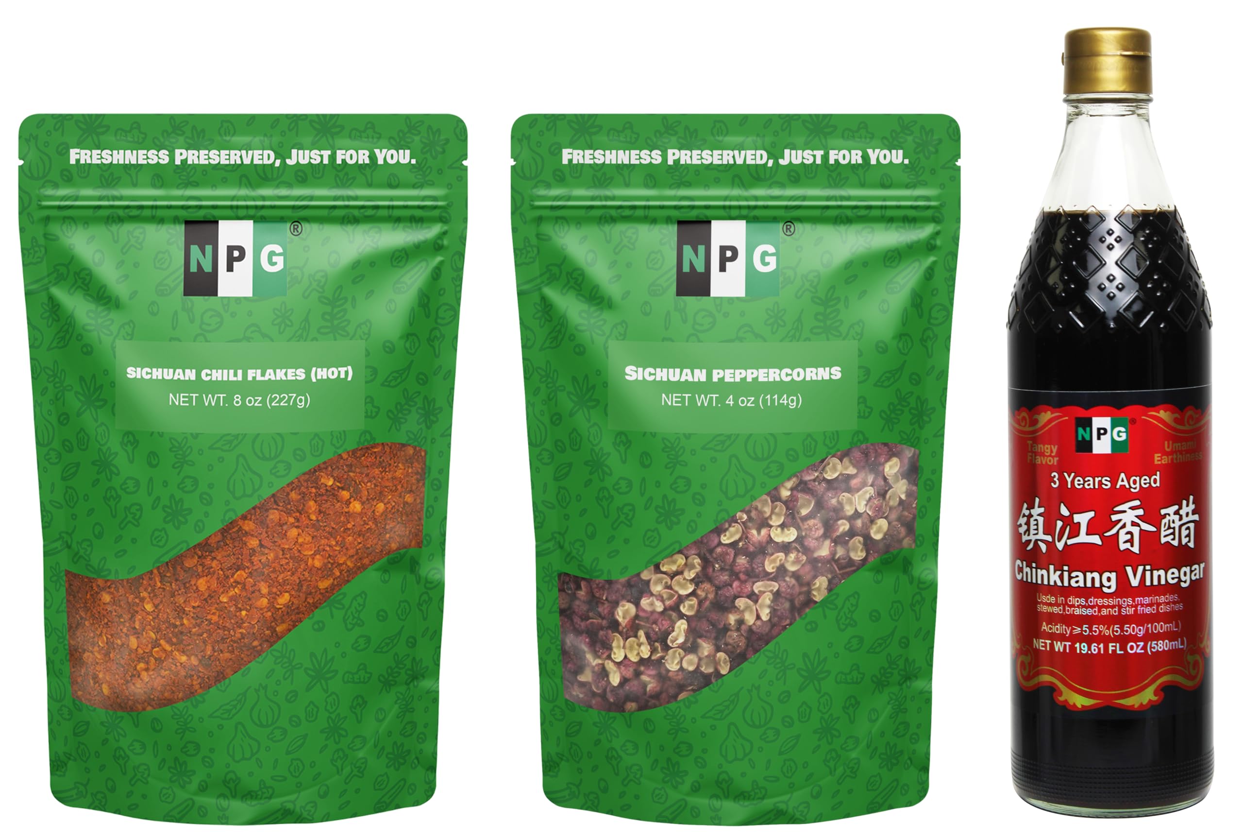 NPG Authentic Sichuan Chili Flakes 8 Ounces, Szechuan Red Peppercorns 4oz, and Chinkiang Vinegar 19.61 Fl Oz (580ml)