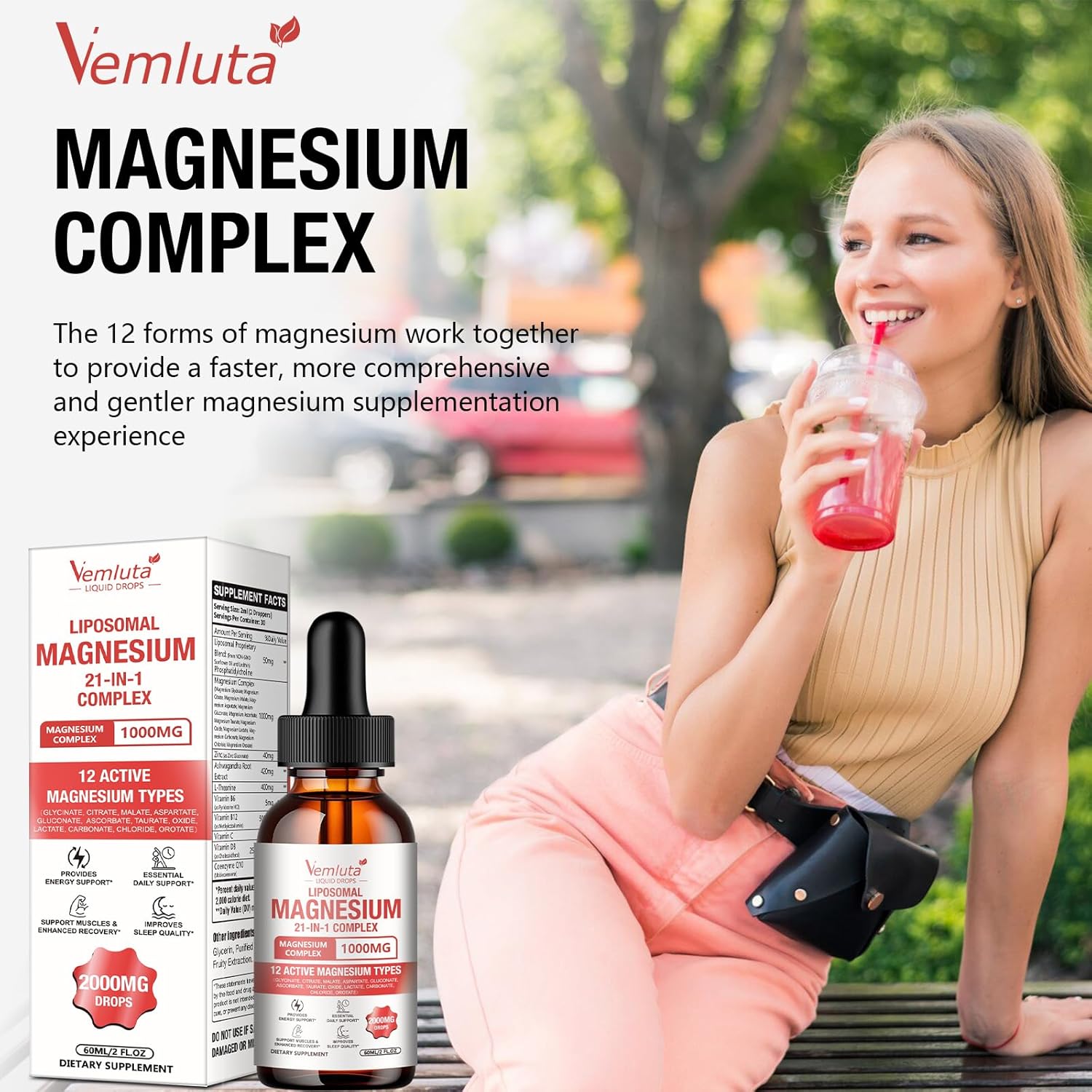 2 Packs 21-in-1 Liposomal 12 Active Magnesium Complex 2000MG+ Liquid Drops - with Magnesium Glycinate,Citrate etc, Ashwagandha & L-Theanine,CoQ10 for Mood, Muscle,Heart & Relaxation Nerve* Support