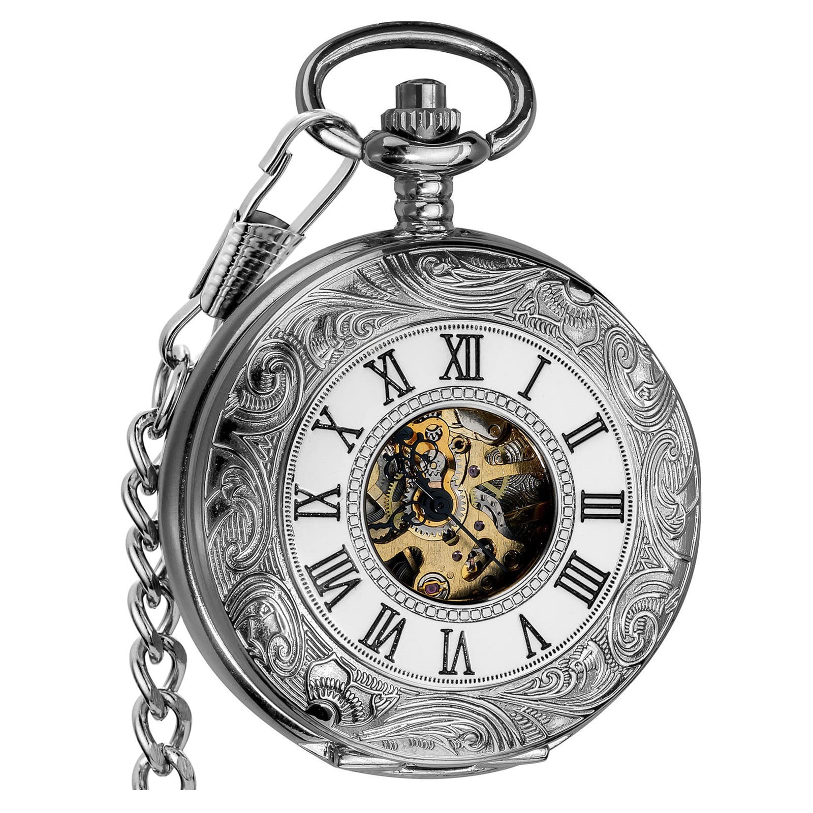 VIGOROSOVIGOROSO Vintage Hand Wind Up Pocket Watches for Men, Mechanical Pocket Watch with Chain, Mens Skeleton Pocketwatch