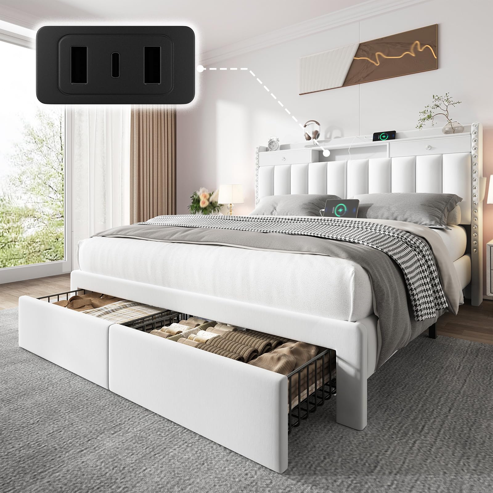 CypBed Full Size Bed Frame with Headboard and 2 Storage Drawers in White Velvet