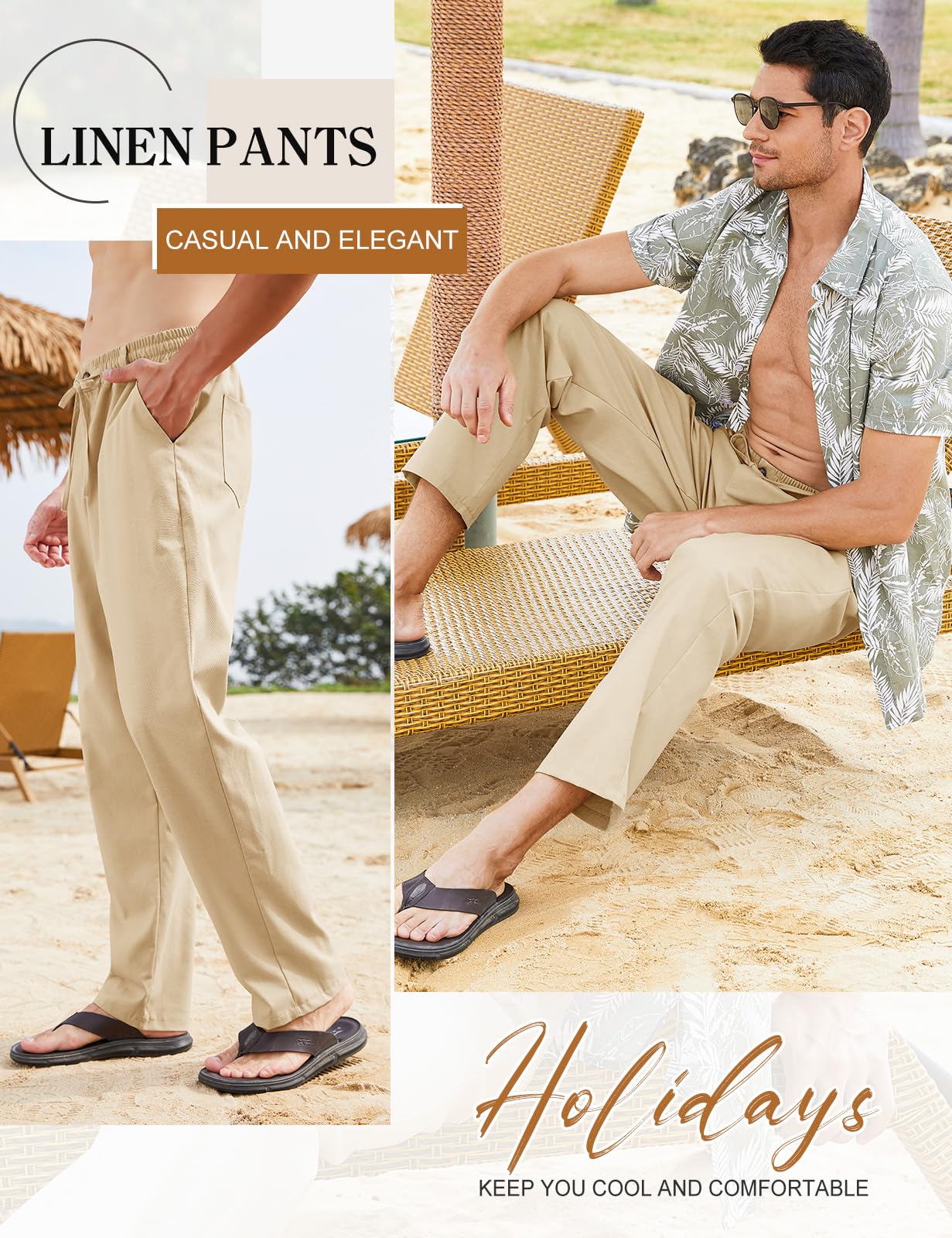 Yuson Girl Pantaloni Lino Uomo Estivi Pantalone da Spiaggia Cotone Pantaloni Leggeri Comodo Allentati Pantaloni Lunghi Casual Vita Elasticizzata Pantaloni con Coulisse e Tasches