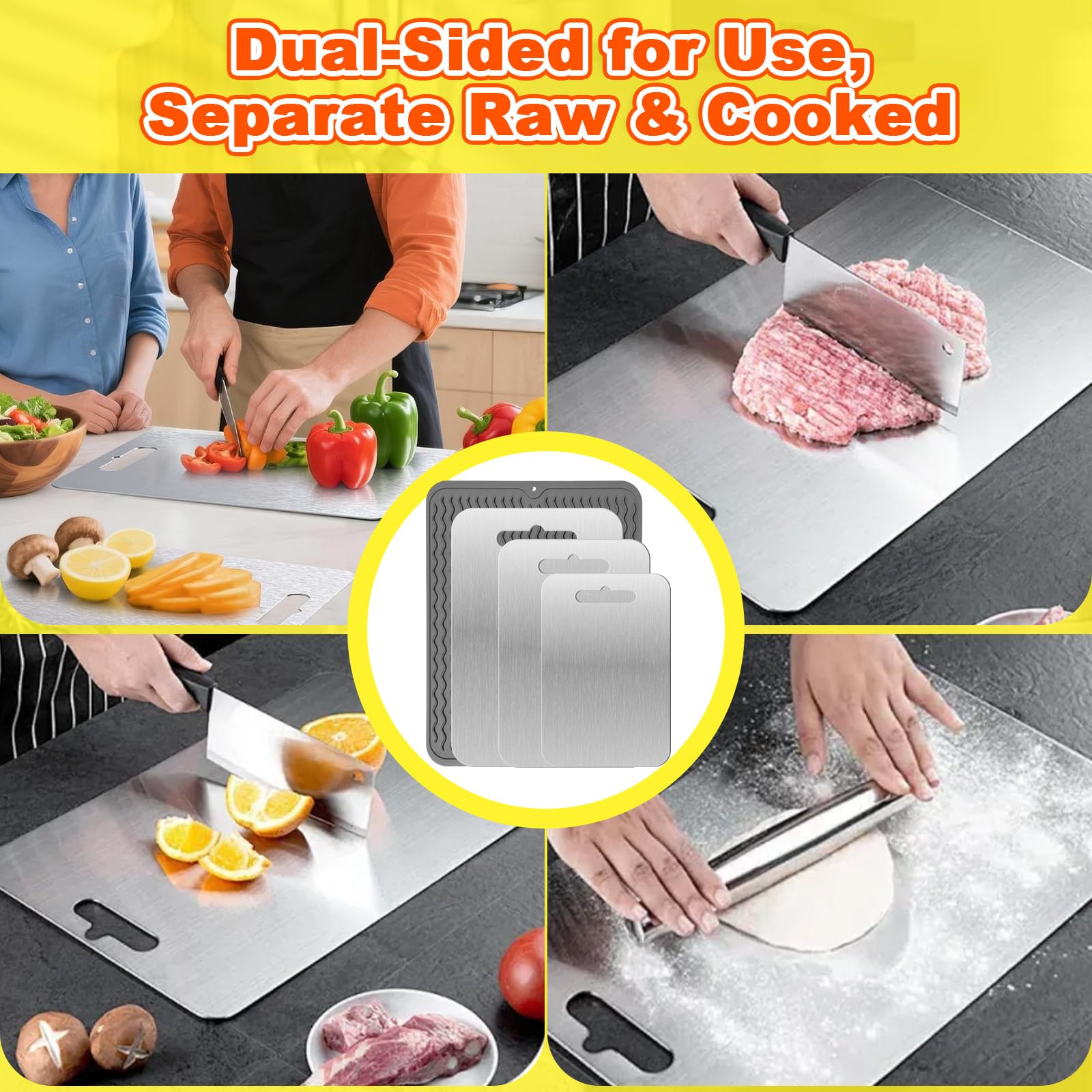 3 Pièces Planche Decouper Titane avec Tapis Silicone, Planches Cuisine Acier Inoxydable, Cutting Board Face Double Qualité Alimentaire,Planche Hygiénique Lave-Vaisselle pour Viande,Légumes et Fruits