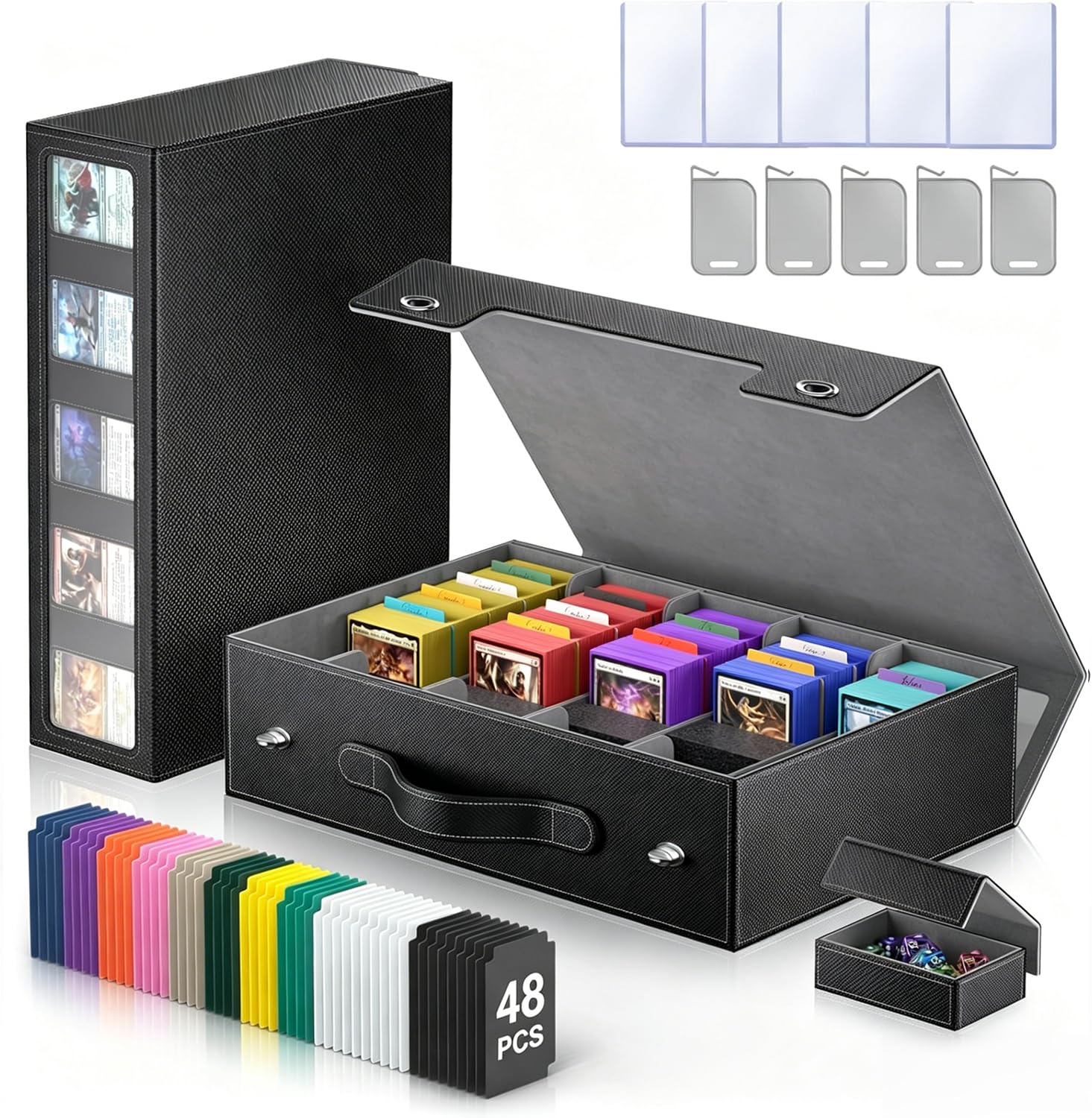 Kartenkoffer für Trading Cards mit Griff & mechanischem Drehverschluss, 5-reihige Box für 3900+ Karten, versiegeltes Sichtfenster, Deck Box Toploader Organizer für MTG Sportkarten (Schwarz, 5 Reihen)