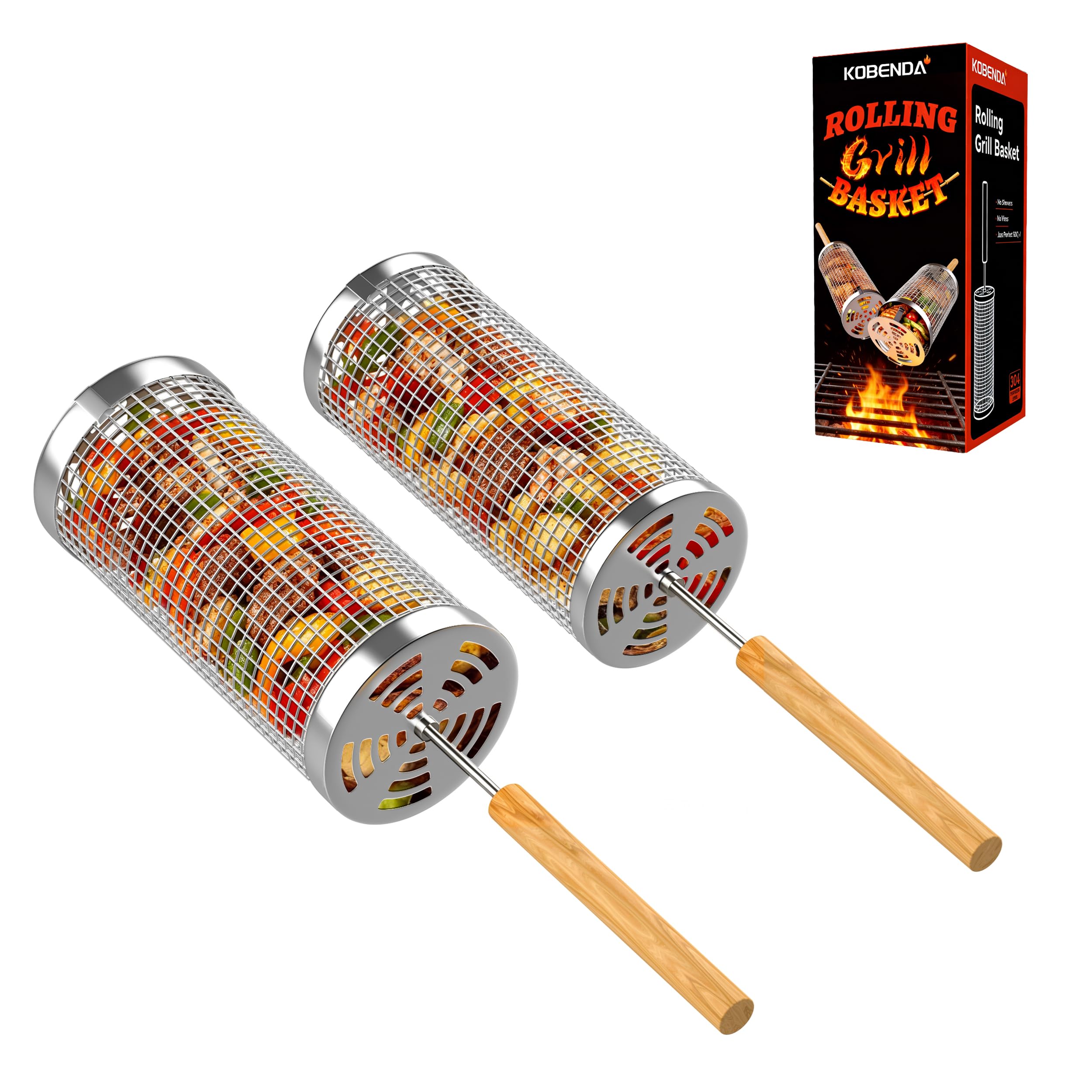 Panier à Barbecue Roulant, 2 Pièces, Acier Inoxydable 304, Poignée Bois Détachable, Accessoire Barbecue, Ustensiles de Cuisine Extérieur Camping, Cadeau Anniversaire Homme Papa Original Utile