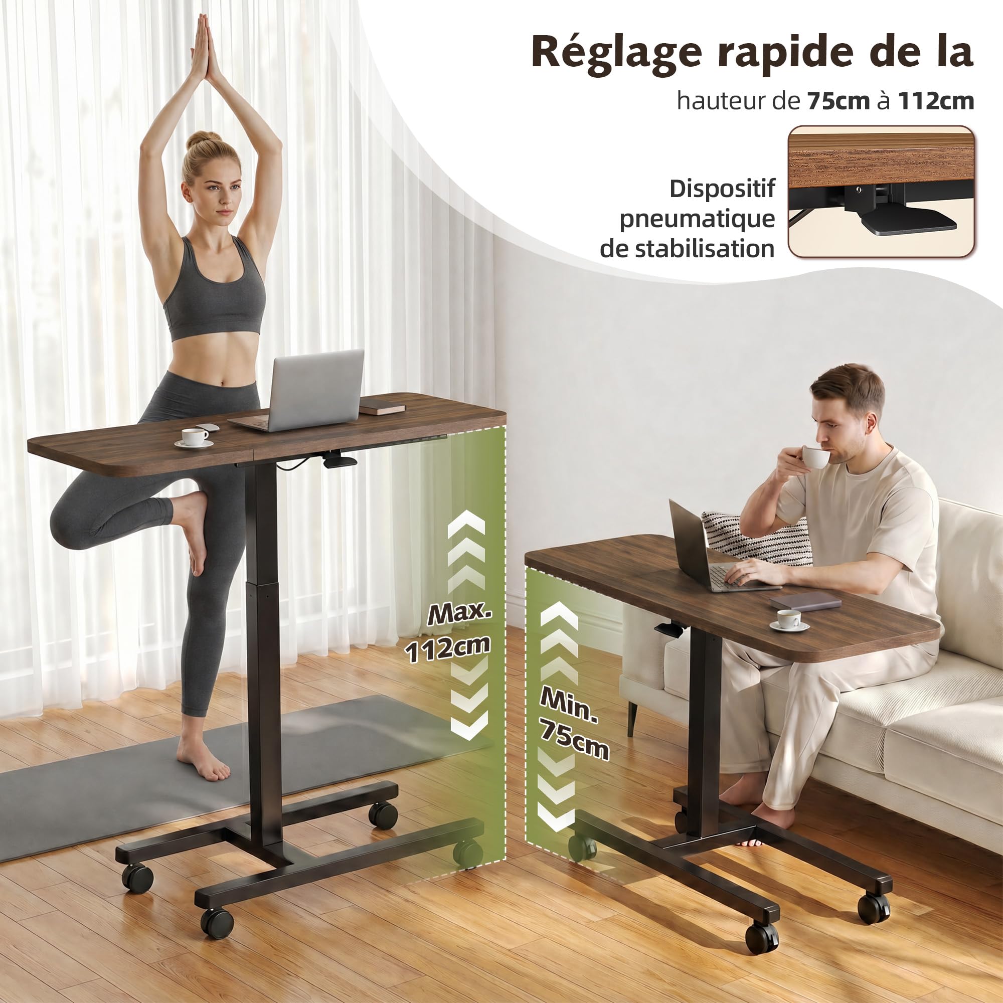 Table Lit Réglable Hauteur, Grande Surface 100cm, avec roulettes Freins, Vérin Pneumatique, Table d'Ordinateur, Bureau Forme C Robuste, Table Canapé Mobile pour Salon, Office,Couleur Noyer