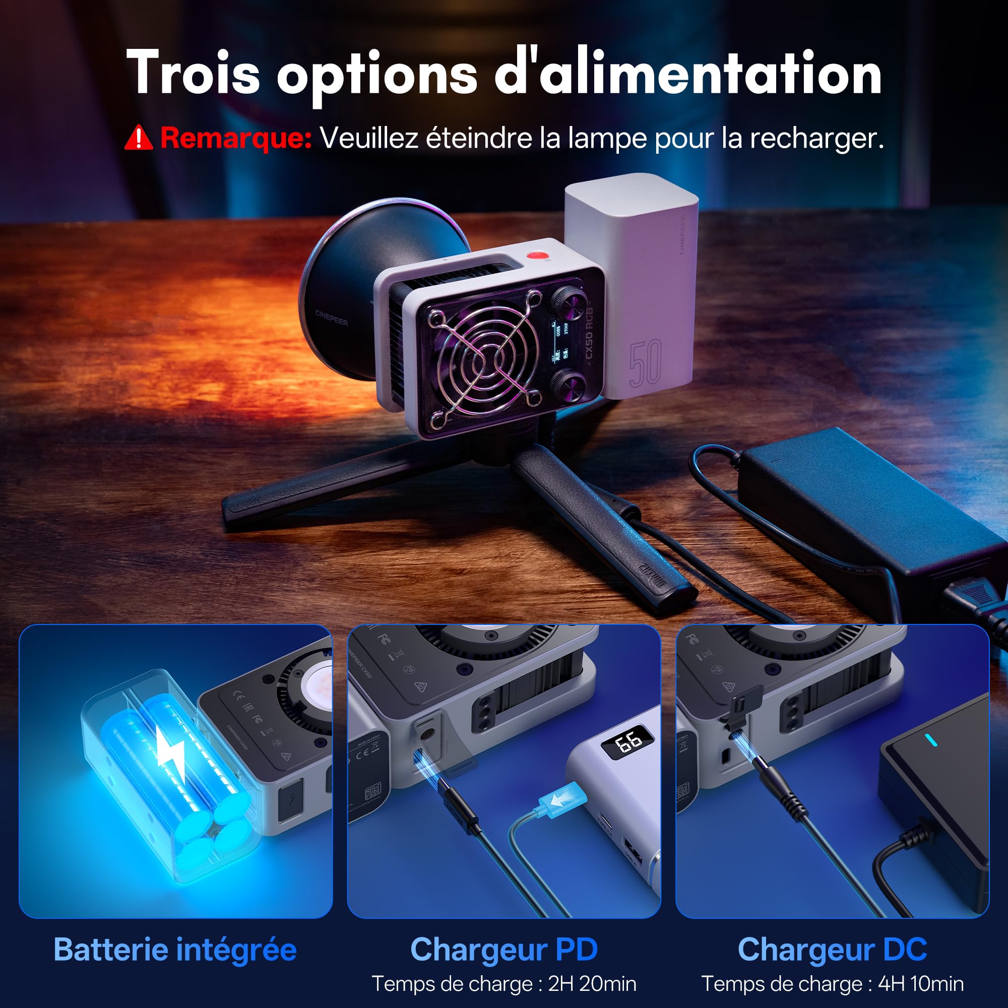 Lumiere Video RGB, ZHIYUN CINEPEER CX50 RGB 50W Lampe Video LED avec Contrôle APP, Batterie 4500mAh,Prend Charge Rapide PD, 2700-6500K/CRI≈95/TLCI≈96/18Effets Lumiere pour Vidéo/Photo/Caméra