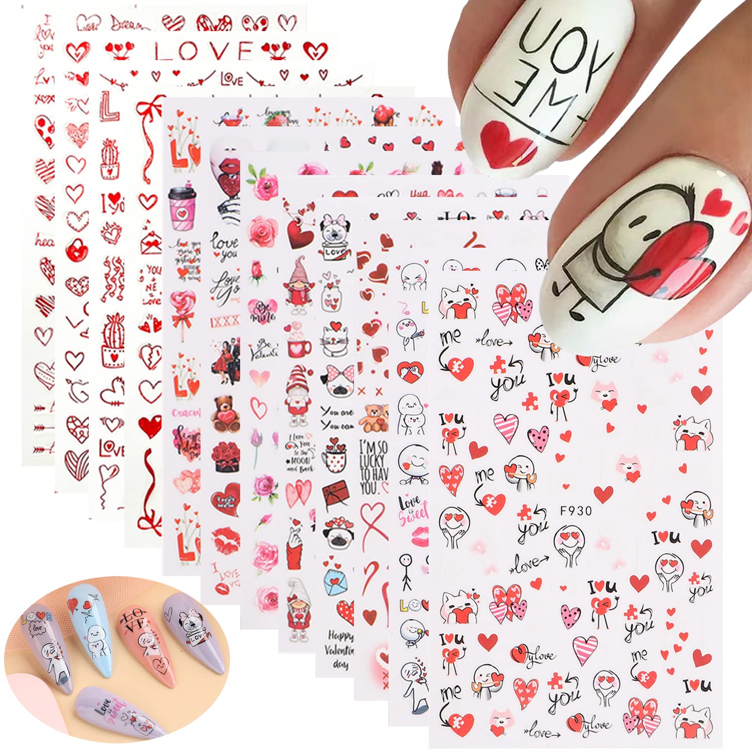 12 Sheets Valentine's Day Nail Art Stickers 3D Self-adhesive Nail Decals with Dwarfs Love Hearts-Shaped Lips Rose Cute Cartoon Valentine's Day Design for Women and Girls Valentine's Day Nail Art Decoration Supplies