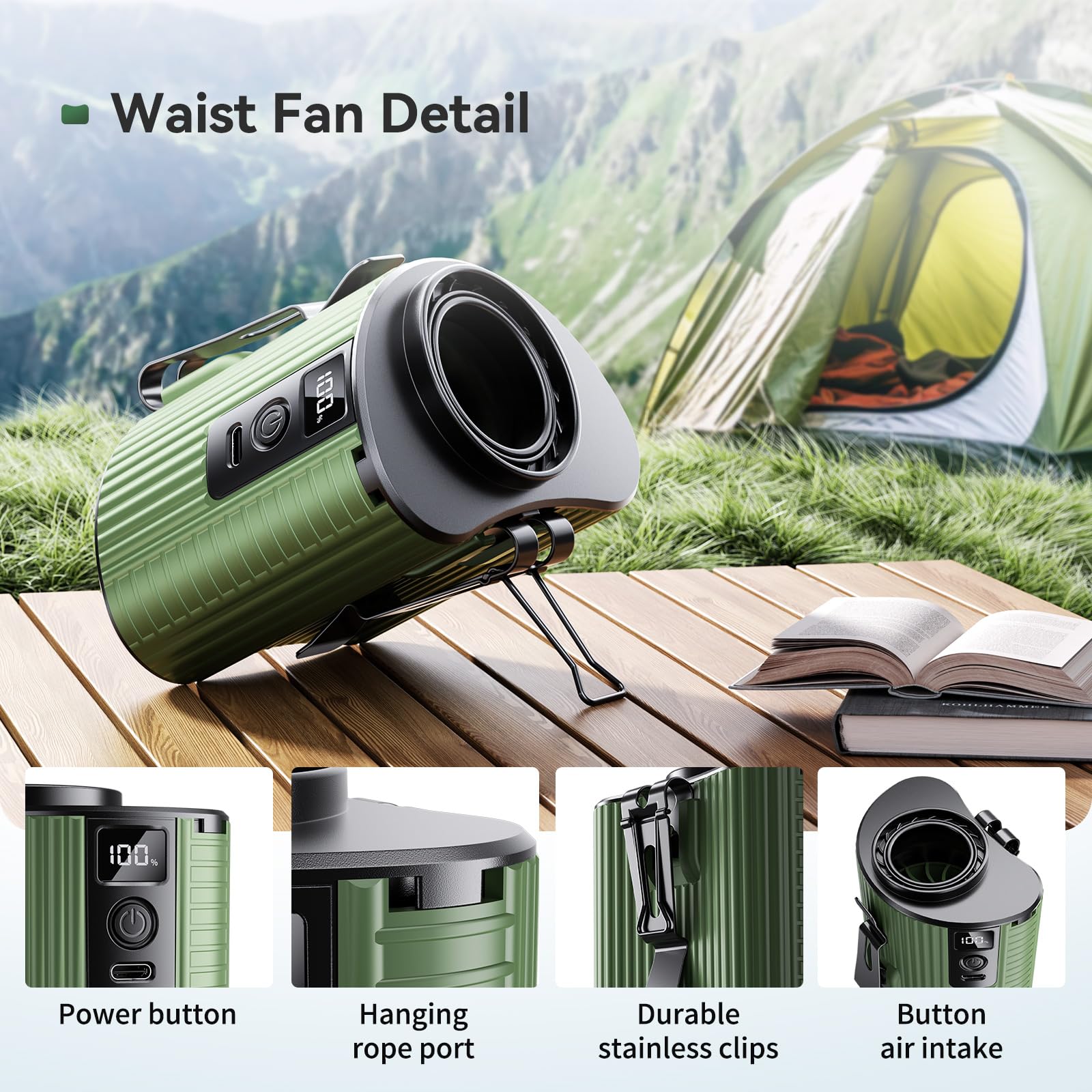 Ventilador portátil, ventilador de cintura recargable, mini ventilador de cinturón de flujo de aire fuerte de 11000 RPM, 5 velocidades, ventiladores de cintura con clip personal para 5