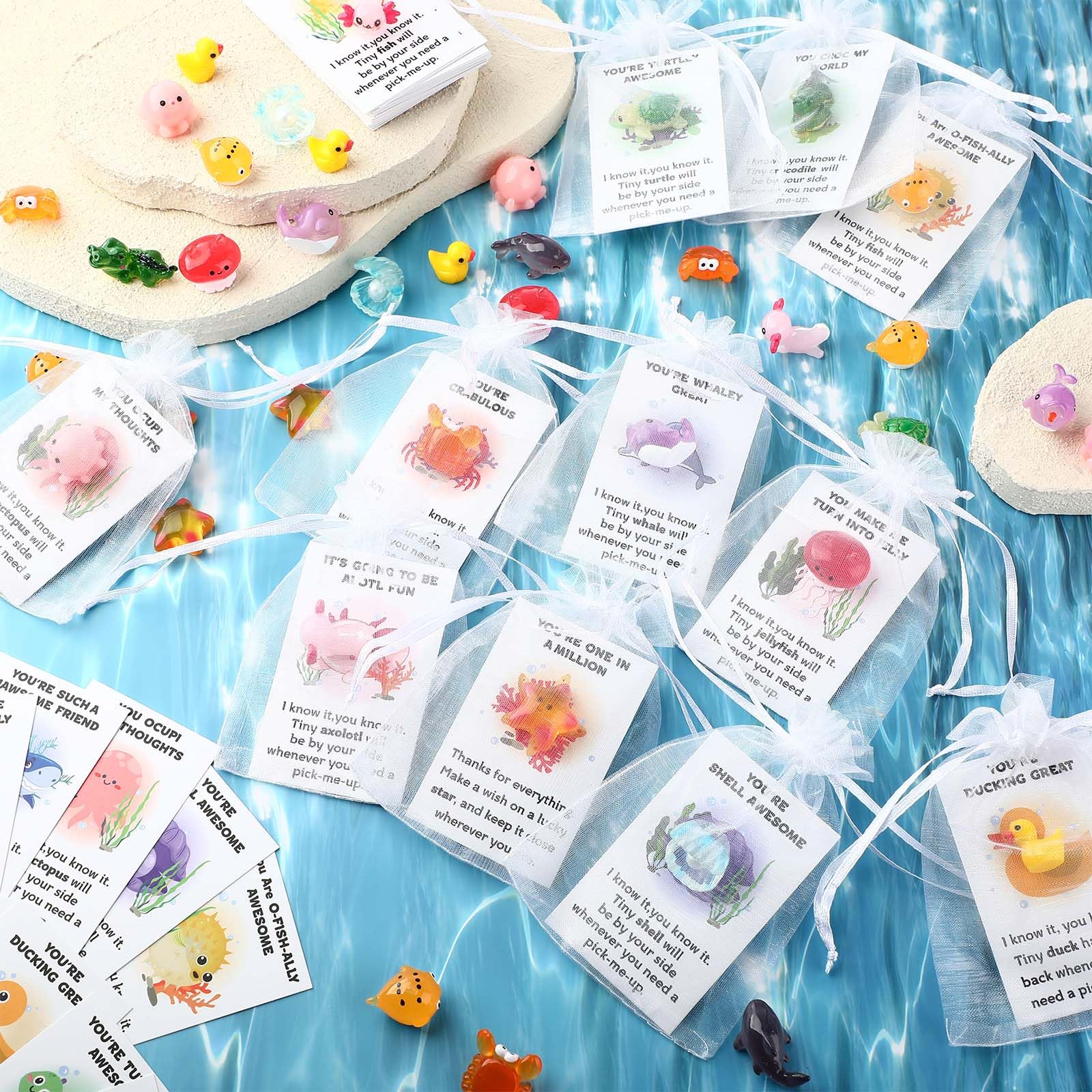 Briwooody 60 juegos de regalos de agradecimiento para empleados a granel para compañeros de trabajo, juego de regalo de agradecimiento de animales mixtos con juguetes de resina, tarjetas de notas