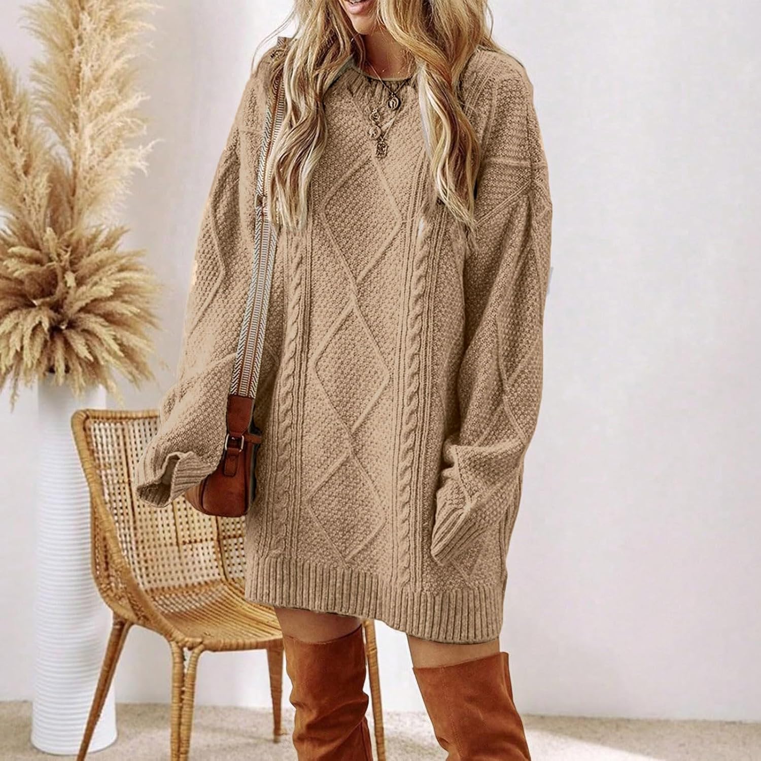 Lmdudan 2025 Womens Sweater Dress Oversized Cable Knit Chunky Long Sleeve Short Dresses Fall Outfits Vacation Winter Clothes