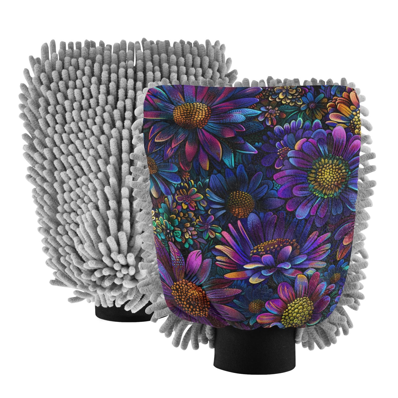 IOACIY Absorbent Microfiber Car Wash Drying Mitts, 2 Pack, Scratch-Free & Lint-Free, Rich Foam, Highly Absorbent, Double Sided, Wash Mitt Perfect for Car Washing, M, Flower (18)