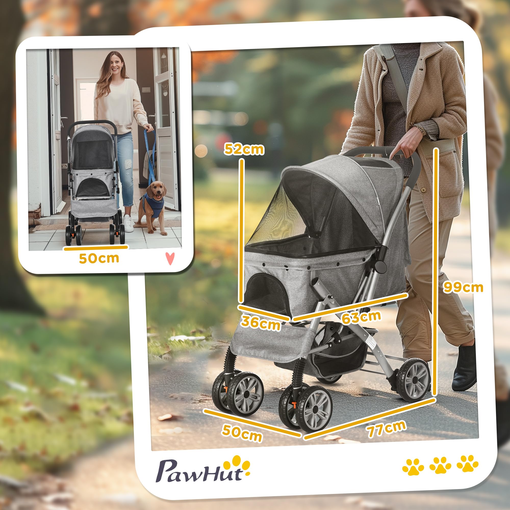 PawHut Poussette buggy pliable chien chat panier et sac de rangement attaches sécurité housse réglable acier Oxford gris chiné noir | Panier et Sac de Rangement, Housse Réglable, Acier Oxford