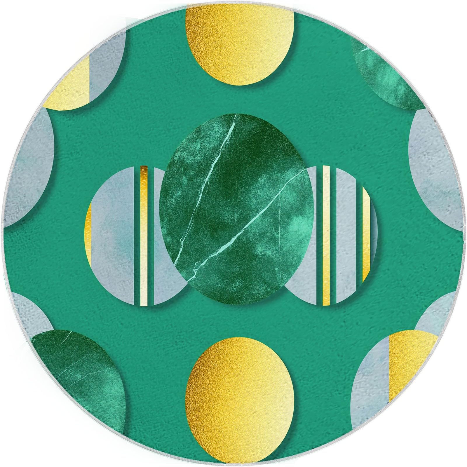 Rond Tapis Salon Vert, Moquette Rayures Géométriques en Feuille d'or — Tapis Chambre de Décoration Poil Ras Lavable en Machine Paillasson Rond Antidérapant Salle a Manger Chambre Adulte, 210 cm