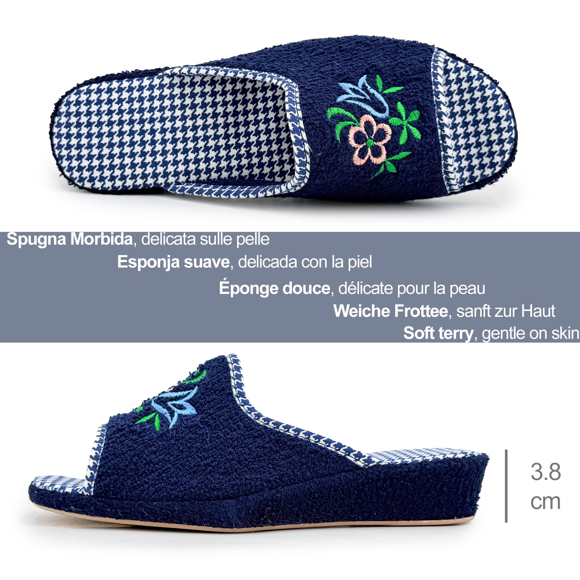 JOMIX Chaussons Éponge Ouverte Femme Maison Été Talon Compensé Semelle Liège Confortables avec Broderie pour Dame Souple Légères