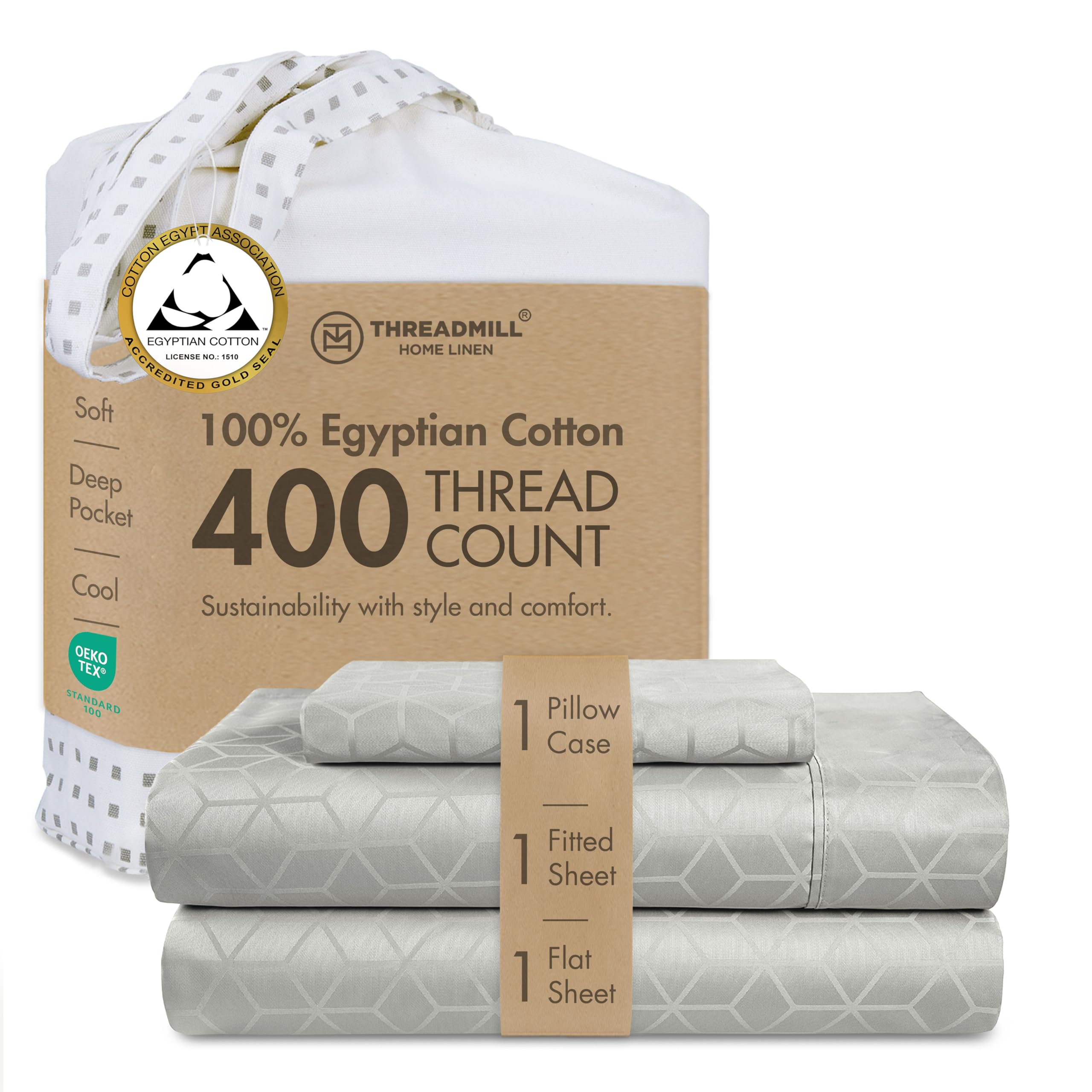 Threadmill Egyptian Cotton Twin Sheets | 100% Certified Egyptian Cotton Sheets | Damask Jacquard Twin Bed Sheets 15" Deep Pocket | Soft 3 Piece Cooling Sheet Set | Light Grey