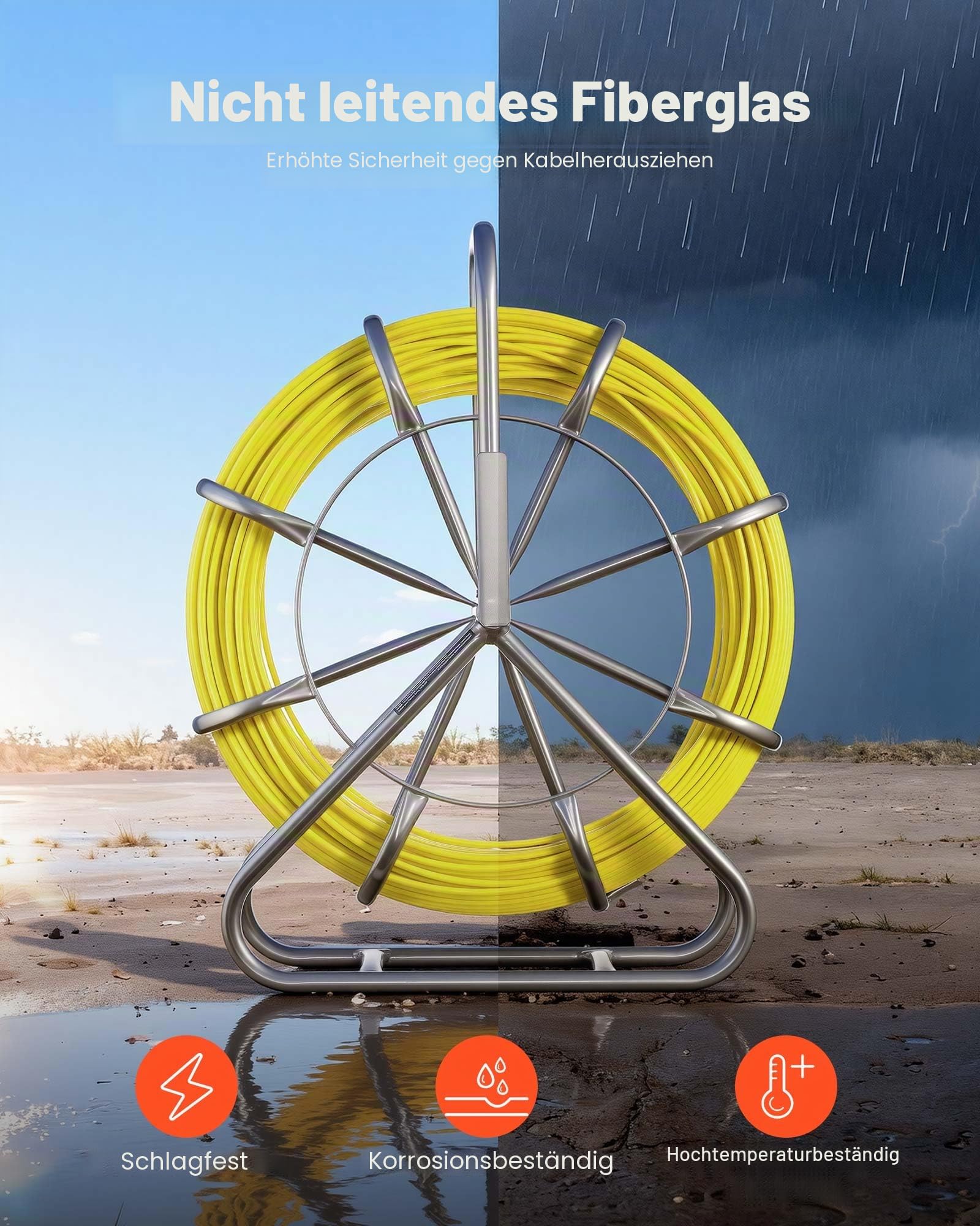 VEVOR Fiberglas Kabel Rad 100 m Ø6,3mm Glasfaserstab, Fischband mit Ständer, Kabeleinziehhilfe mit Markierungen, Kabeleinfädler, Kabelzieher für Wände & Elektroinstallationsrohre, Nichtleitend