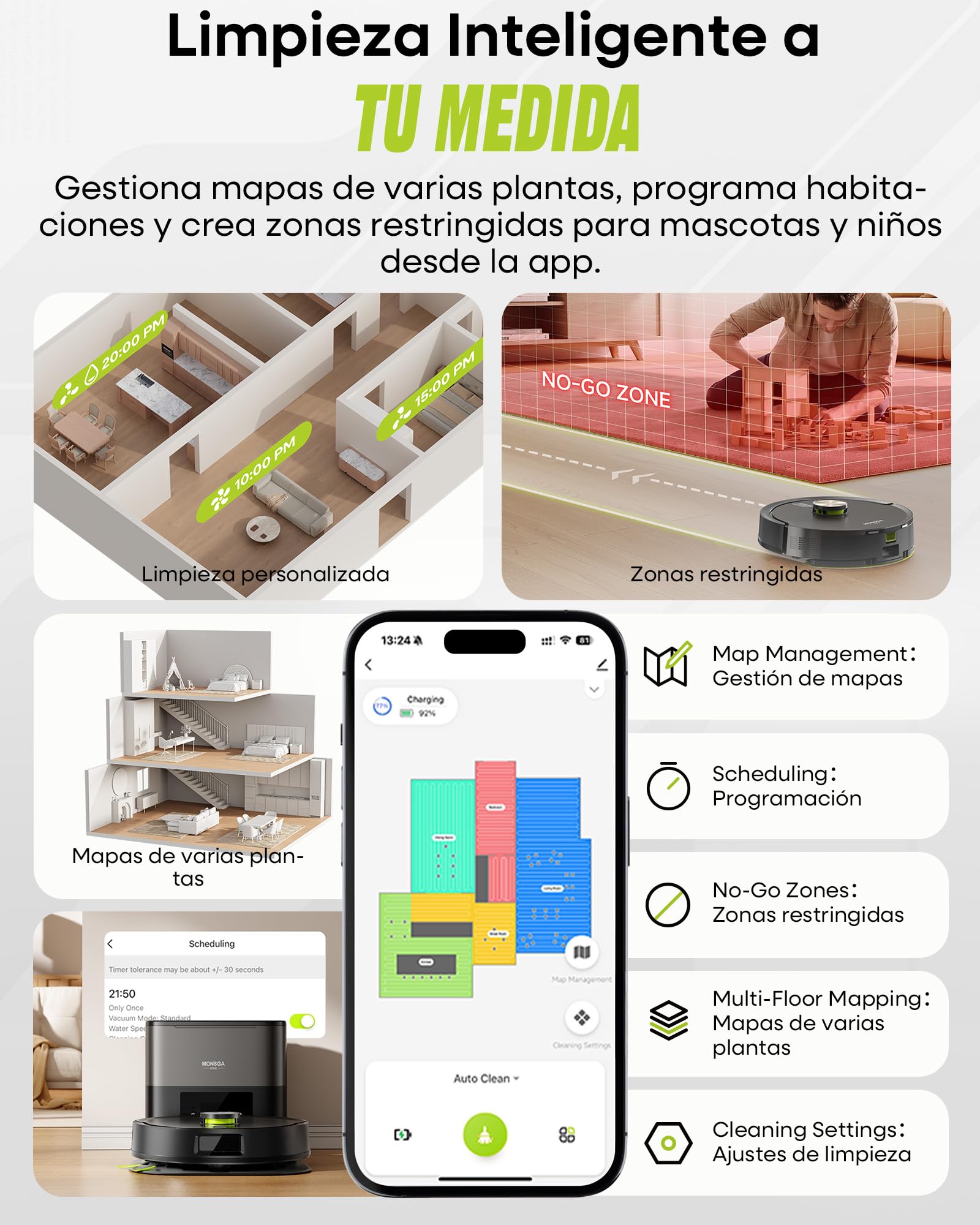 MONSGA Robot Aspirador y Fregasuelos 3 en 1 8000PA,Robot Aspirador Doble Sistema Antienredos, Obstacle Avoidance, 90 Día Self-Emptying, LiDAR Navegación, Control por App, 5 Mapas | Robot Aspirador LiDAR Navegación,90 Día Self-Emptying,Antienredos,Obstacle