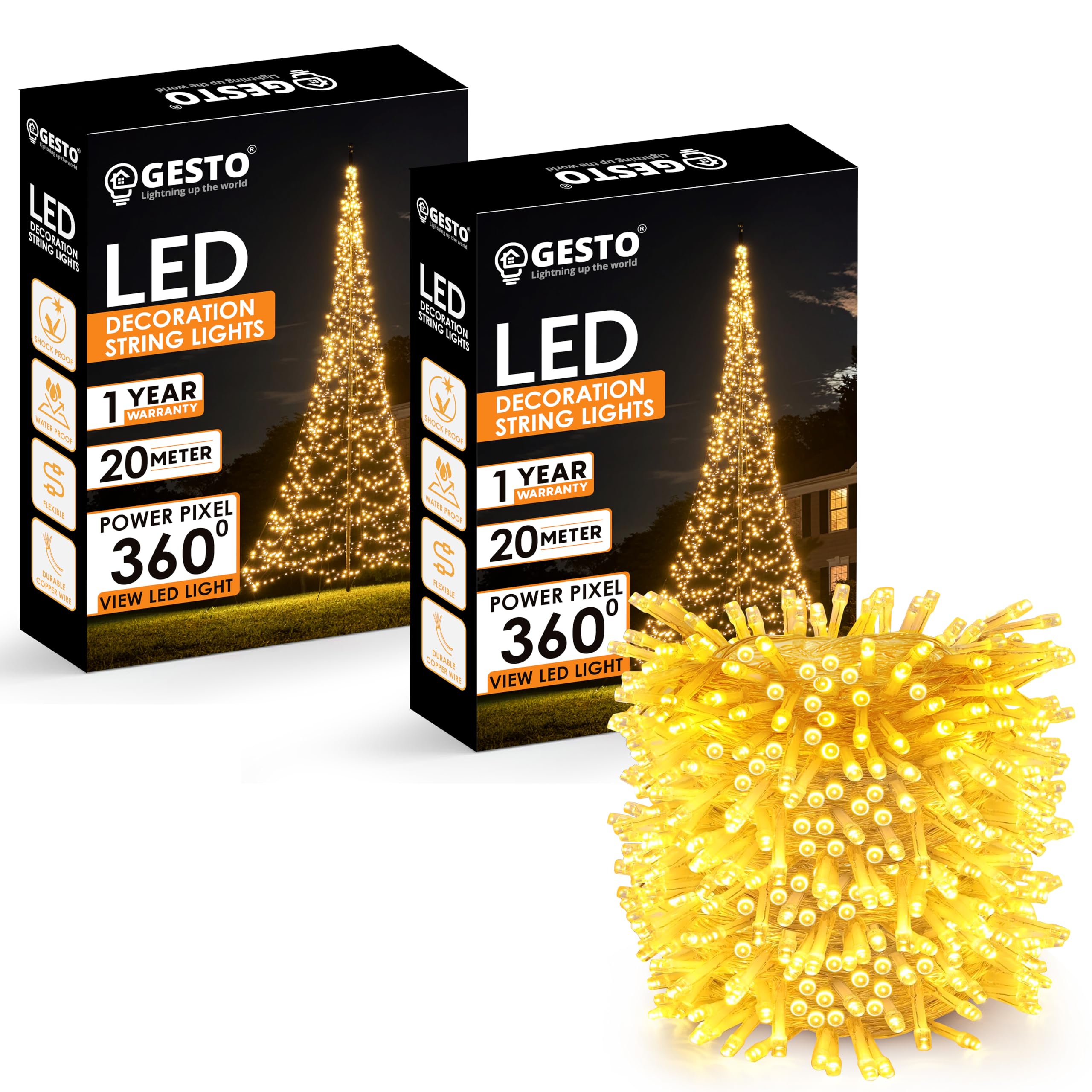 Gesto Warm White Led Serial String Lights – Waterproof Copper Wire Yellow Fairy Lights for Home Decoration,Christmas, Deepawali & Diwali Decoration Lights for Balcony Outdoor (20 Meter | Pack of 2)
