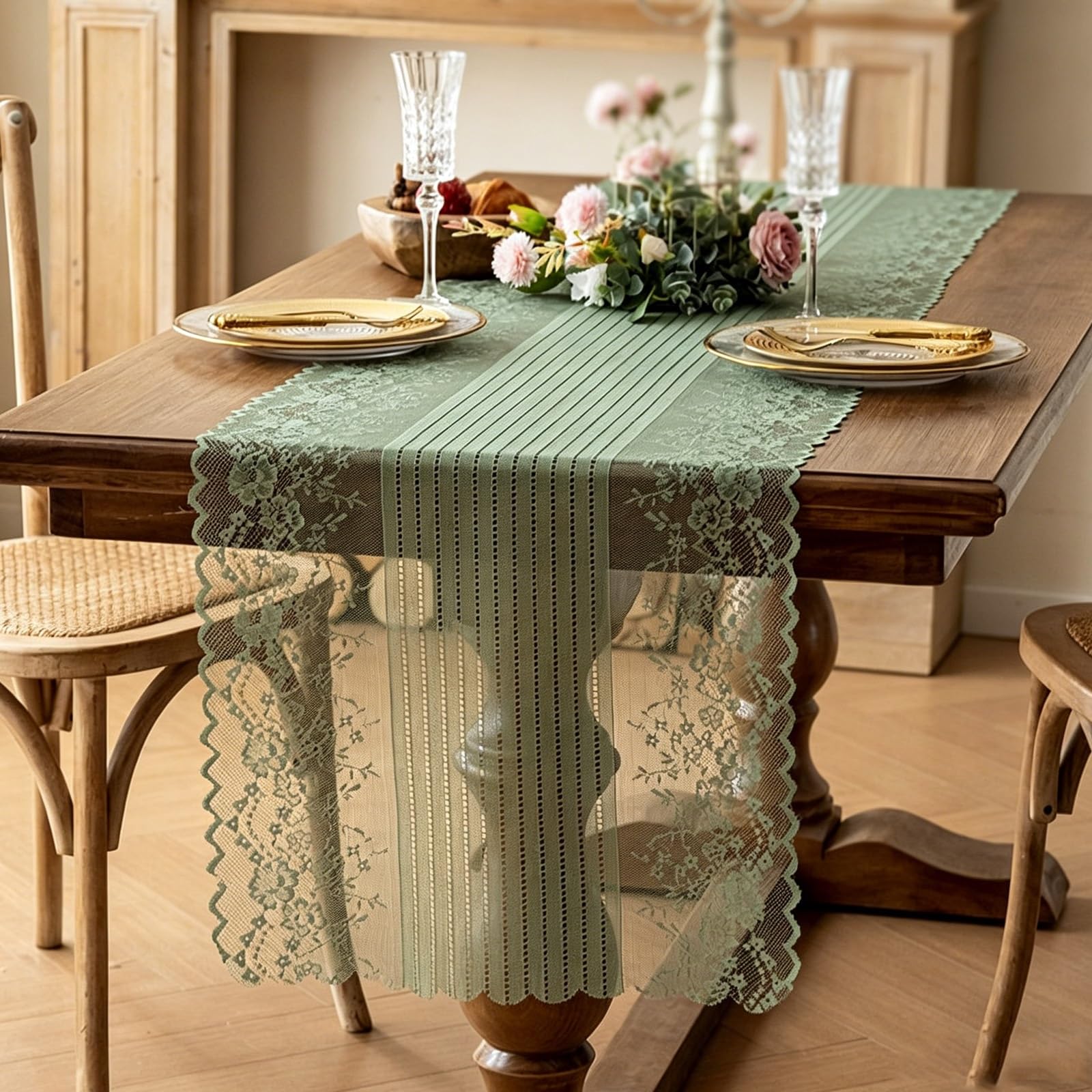 Lace Table Runner, Hollow Embroidery Floral Table Runner, Vintage Farmhouse Retro Country Style, for Dining Desk Dresser Wedding Dessert Desk Decor(Green,210cm/82.6in)