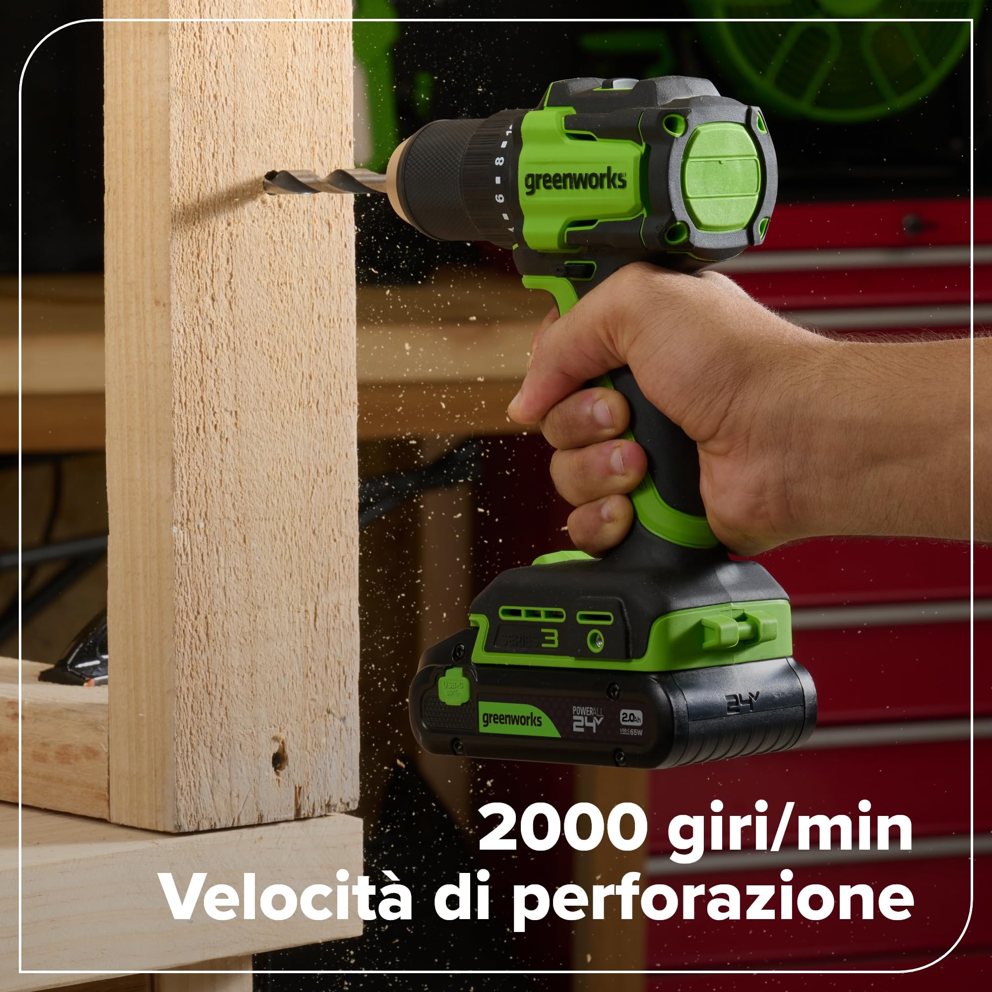 Greenworks 24V Cordless Brushless 45Nm Trapani a percussione, leggero, luce di lavoro a LED, frizione 18 + 1 senza USB-C batteria e caricabatteria
