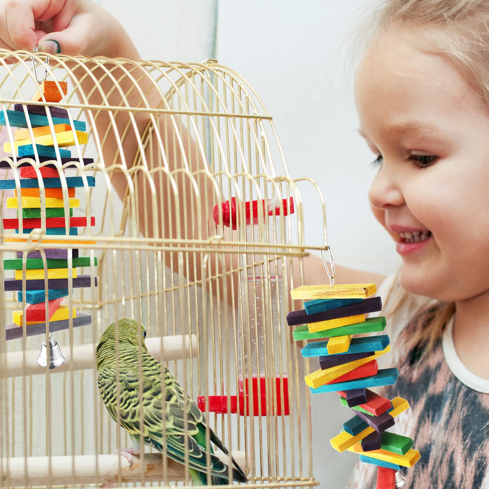 4 Pcs Bird Parrot Toys with Multicolored Natural Wood Blocks, Bird Chew Toys for Large Medium Parrots Macaws Lovebirds Doves Cockatiels Conures Parakeets Chewing Biting Foraging, 2 Designs - image 6
