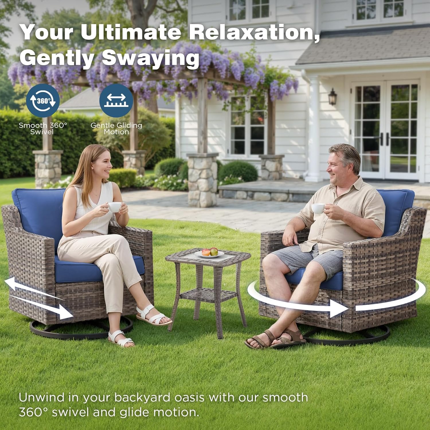 Belord Patio Wicker Swivel Rocker Patio Chairs with Side Table, Outdoor Rattan Chairs for Deck Porch Garden, 3 Piece Luxury Patio Furniture Set, Blue
