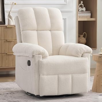 Korser Recliner Chair, Swivel Rocker Recliner Chair for Adults, Small Recliners for Small Spaces, Manual Recliner with Side Pockets, Upholstered Nursery Rocking Chair for Living Room, Sherpa, Beige
