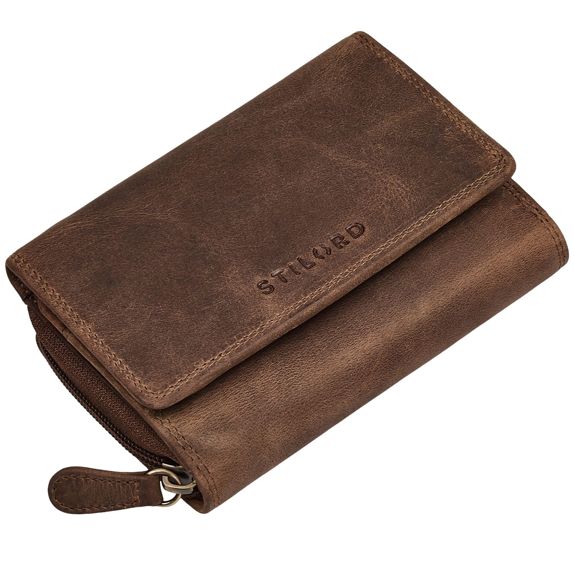 STILORD "Beverly Vintage Leder Geldbörse Damen Mittelgroß Echtleder Portemonnaie mit vielen Kartenfächern & Münzfach | Elegantes Damenportemonnaie mit RFID-Schutz Farbe:mittel - braun