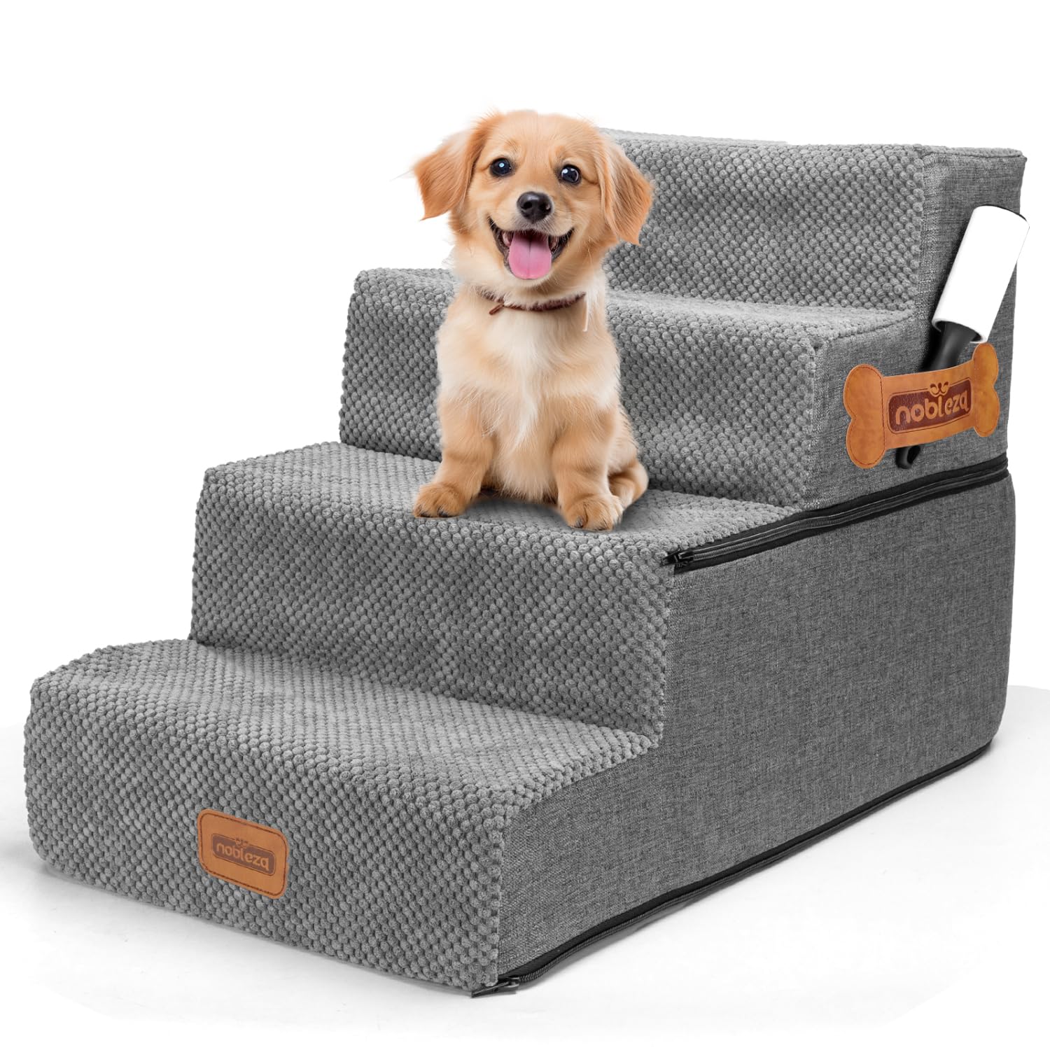 Nobleza Escalera para Perros, Rampa para Perros, Escalera para Cama de Perros Pequeños para Perros y Gatos, Escaleras para Perros Mascotas de 4 Escalones con Rodillo Quitapelusas