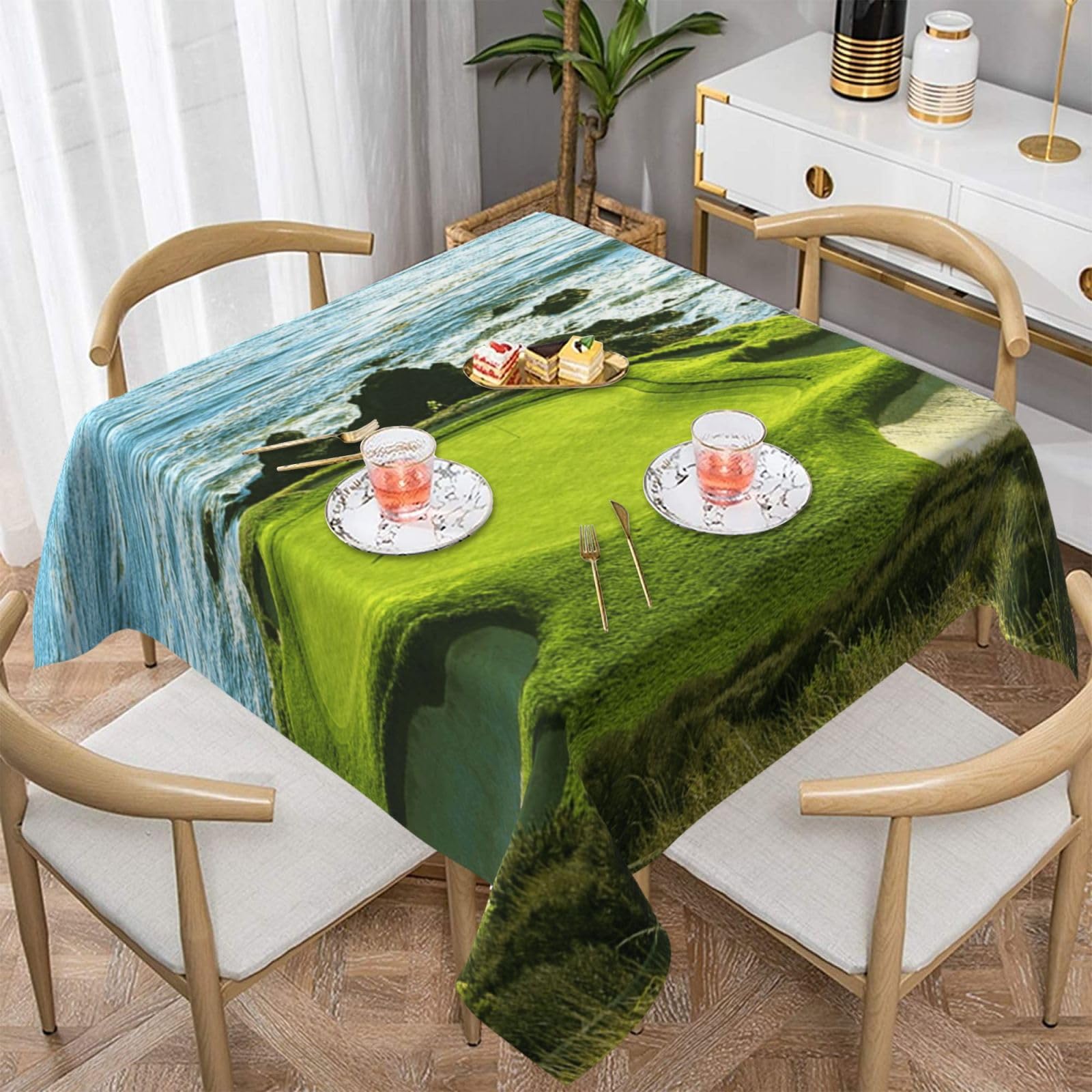 DCEHGEW Beach Golf Course Prints Square Tablecloth 152x152 CM, Waterproof Fabric Table Cloth for Dining Table, Farmhouse Table Cover for Kitchen Dining Tabletop Decoration