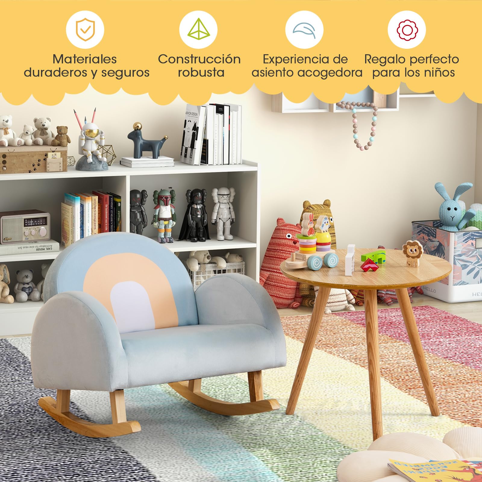 COSTWAY Sillón Infantil Mecedora, Sofá Tapizado para Niños con Estructura de Madera de Caucho Macizo y Funda de Terciopelo Suave para Guardería, Sala de Juegos, Dormitorio