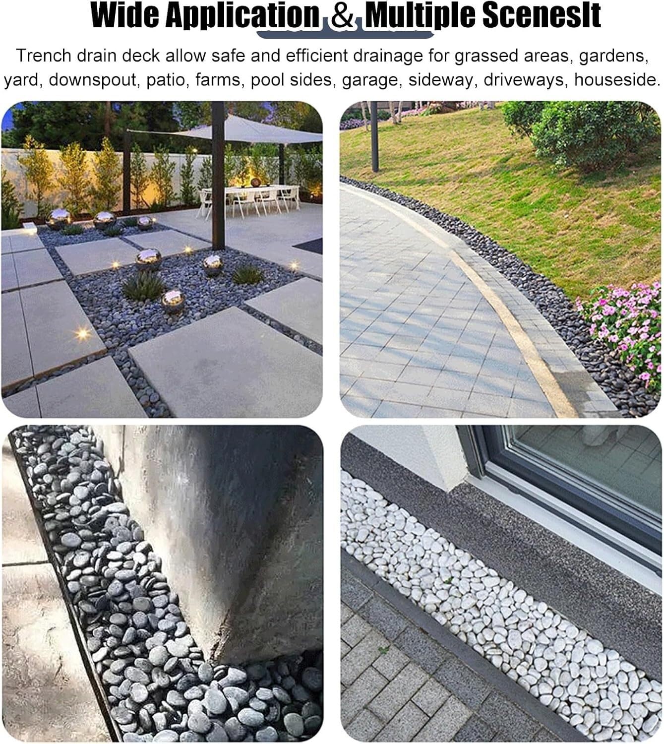 Kit de caniveau de Drainage antidérapant en Acier Inoxydable, 100 x 15 x 15 cm, rainures remplies de Galets, système de Grille Robuste pour Une Utilisation intérieure et extérieure et Une ge