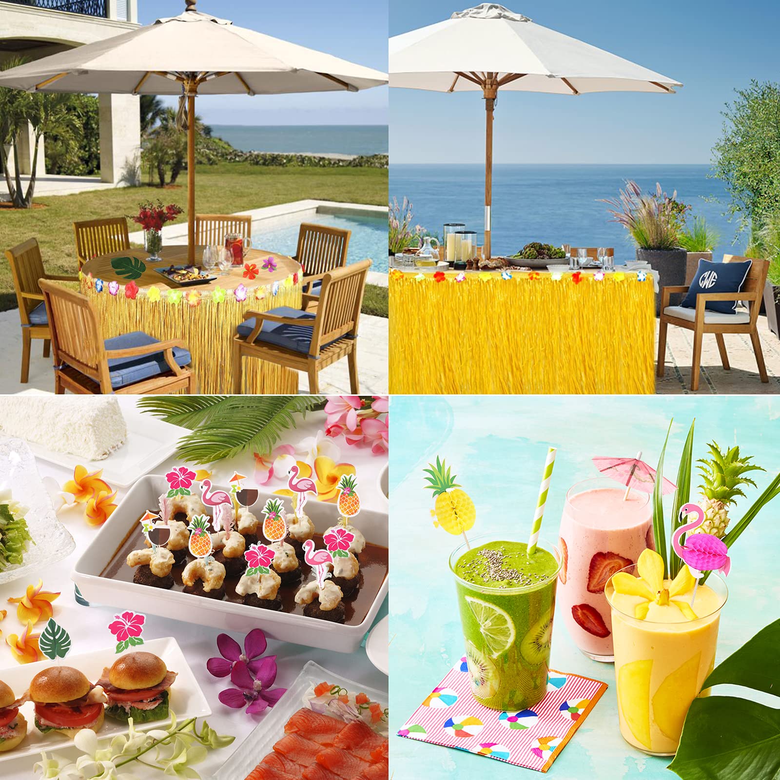 185 Pezzi Gonna Tavolo Hawaiana Tropical Tovaglia da Tavolo Set Luau Decorazioni con Foglie di Palma Fiori hawaiani Cake Topper ombrelli cannucce per Decorazioni da Tavola Hawaiane Luau Party